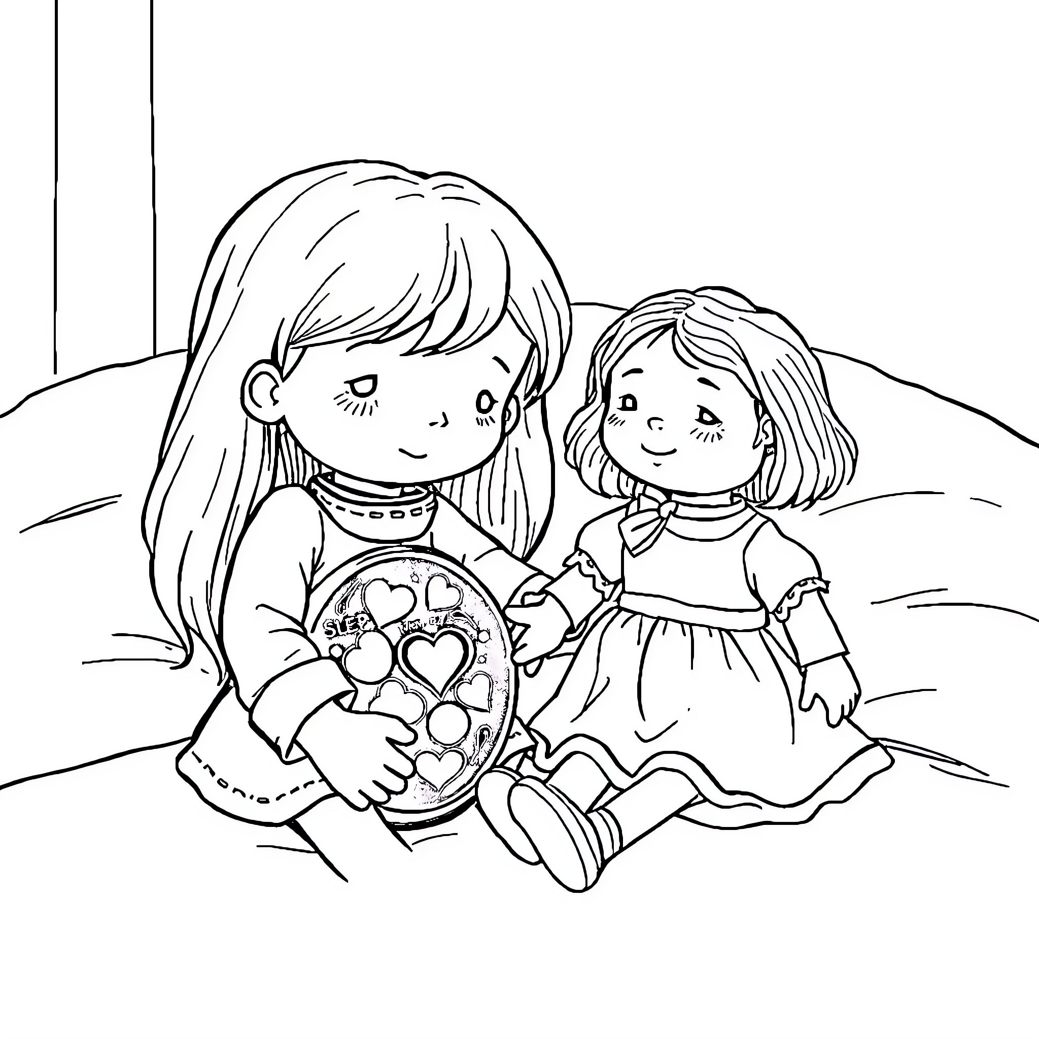 Vessel of friendship between two young girls Coloring Page (free black-and-white line drawing printable PDF for all, from beginners to advanced learners, including children, teens, adults, and seniors)