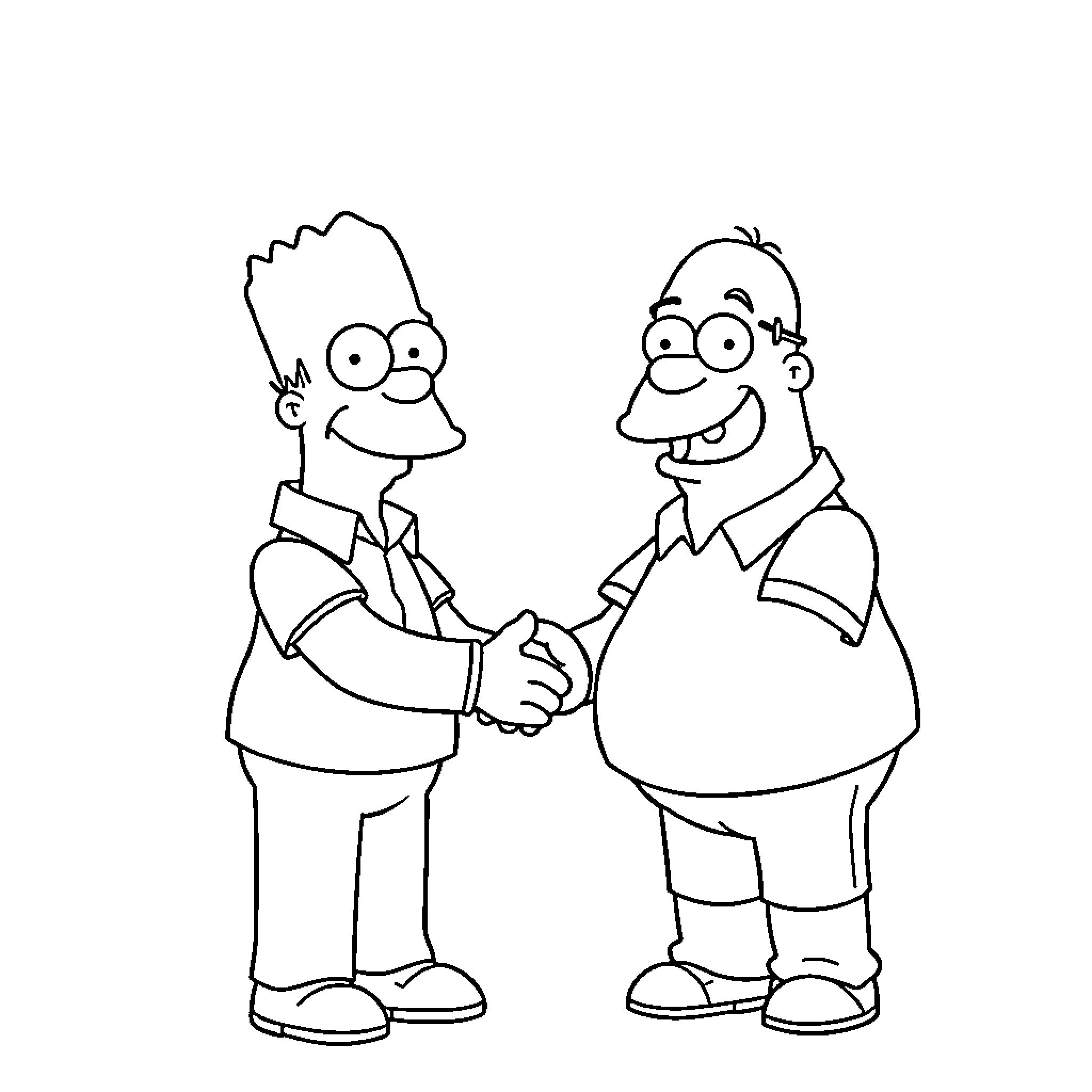 Simpson characters shaking hands in agreement Coloring Page (free black-and-white line drawing printable PDF for all, from beginners to advanced learners, including children, teens, adults, and seniors)