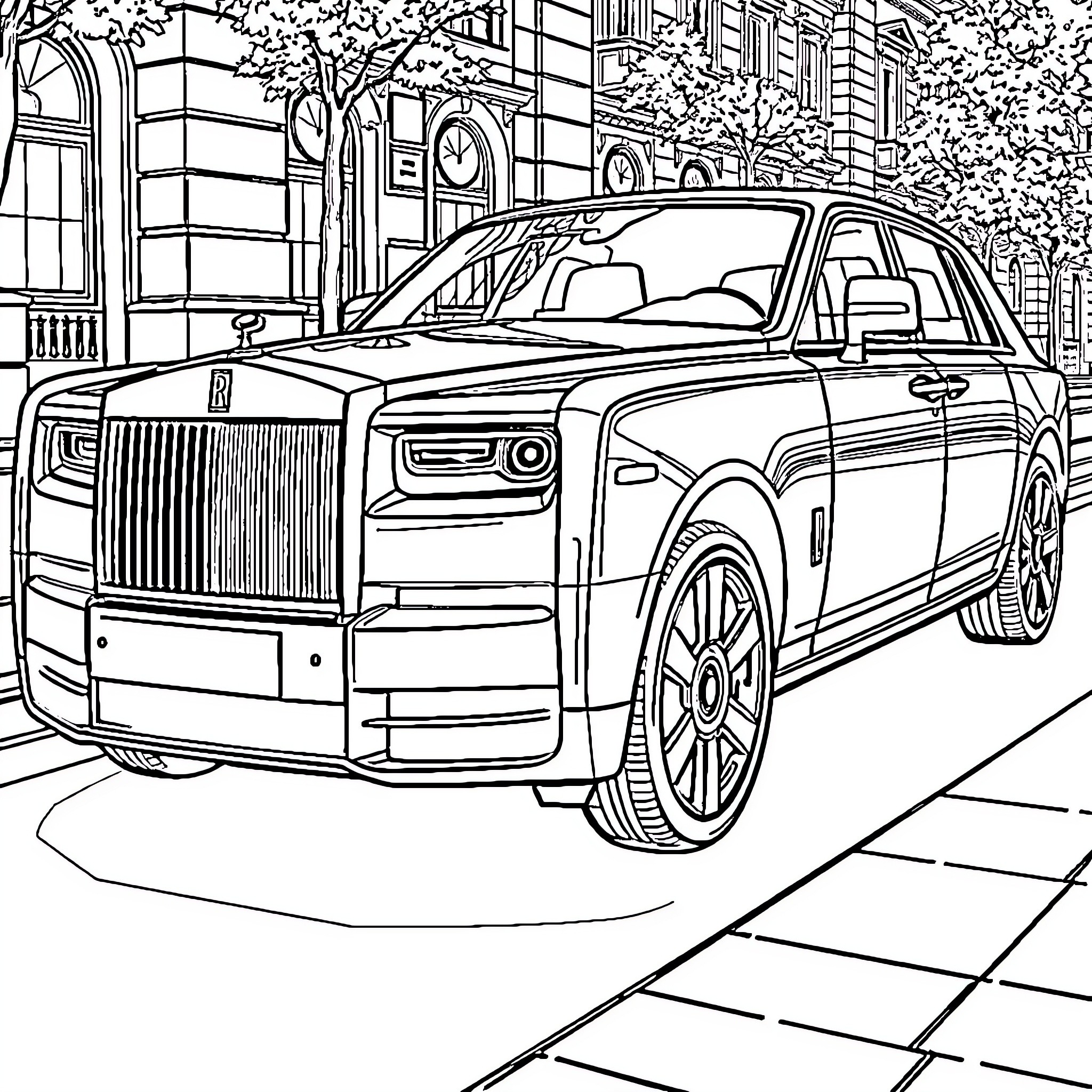 Rolls Royce luxury vehicle parked on city street Coloring Page (free black-and-white line drawing printable PDF for all, from beginners to advanced learners, including children, teens, adults, and seniors)