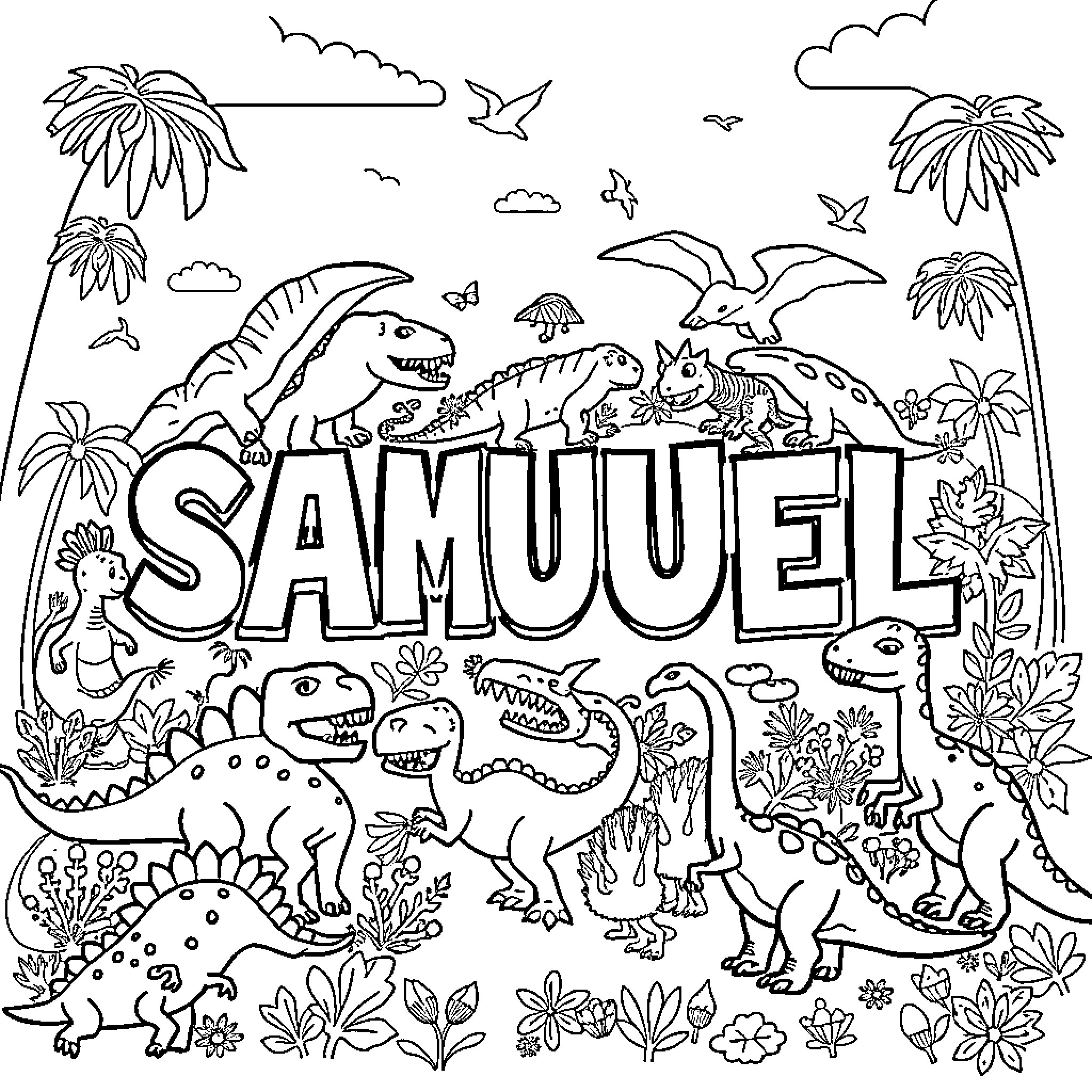 Samuel's Dinosaur Adventure in the Tropics Coloring Page (free black-and-white line drawing printable PDF for all, from beginners to advanced learners, including children, teens, adults, and seniors)