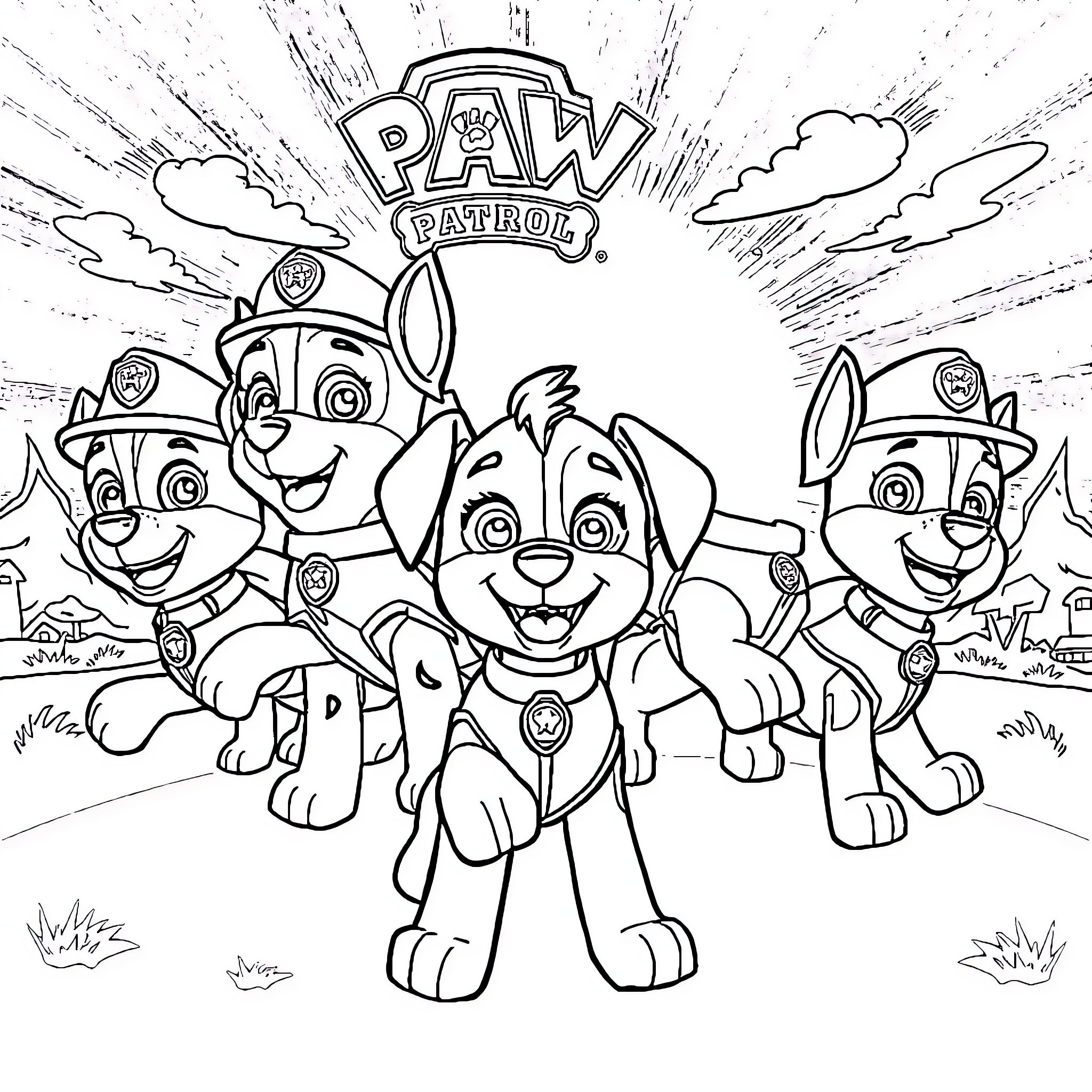 Paw Patrol pups on an adventure Coloring Page (free black-and-white line drawing printable PDF for all, from beginners to advanced learners, including children, teens, adults, and seniors)