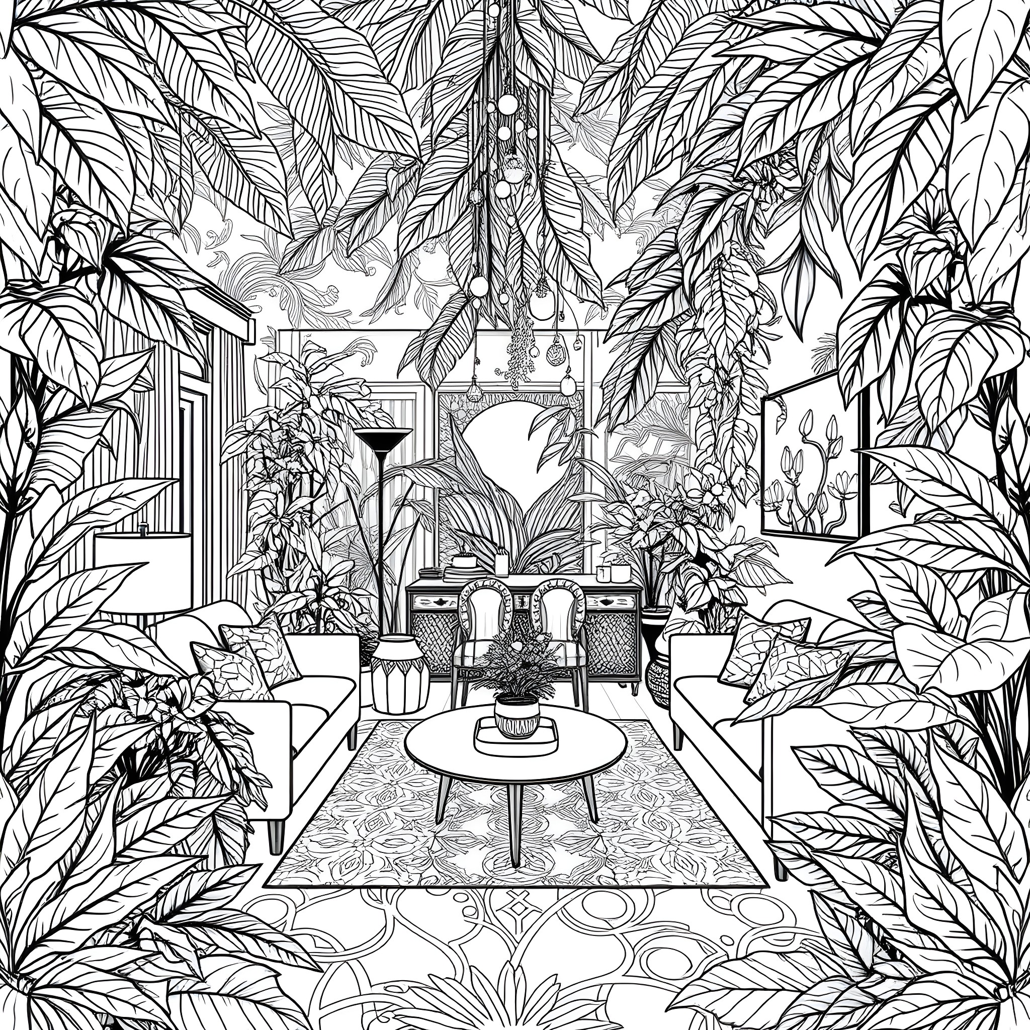 Living Room Filled with Lush Tropical Foliage Coloring Page (free black-and-white line drawing printable PDF for all, from beginners to advanced learners, including children, teens, adults, and seniors)
