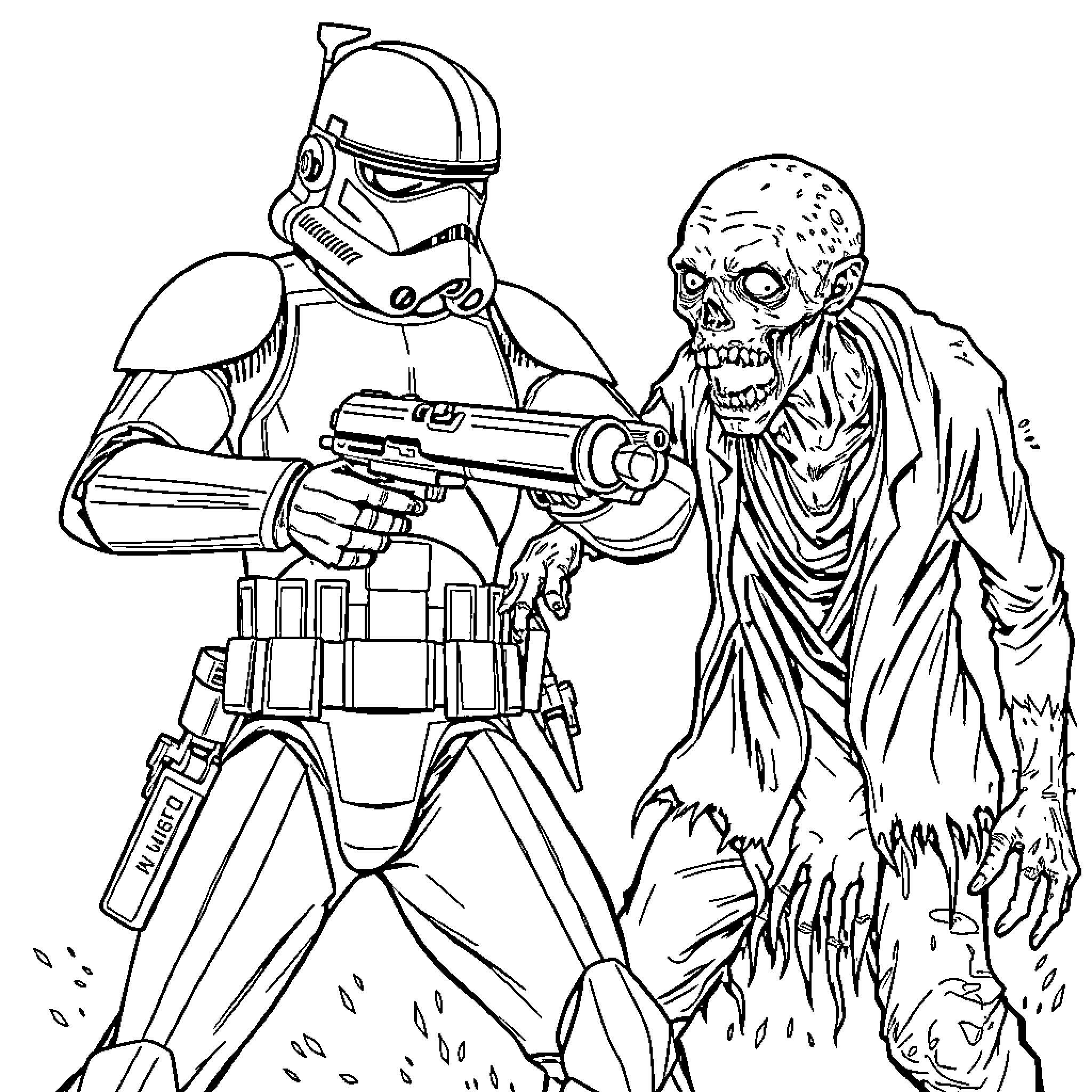 Clone Trooper Confronting Terrifying Undead Adversary Coloring Page (free black-and-white line drawing printable PDF for all, from beginners to advanced learners, including children, teens, adults, and seniors)