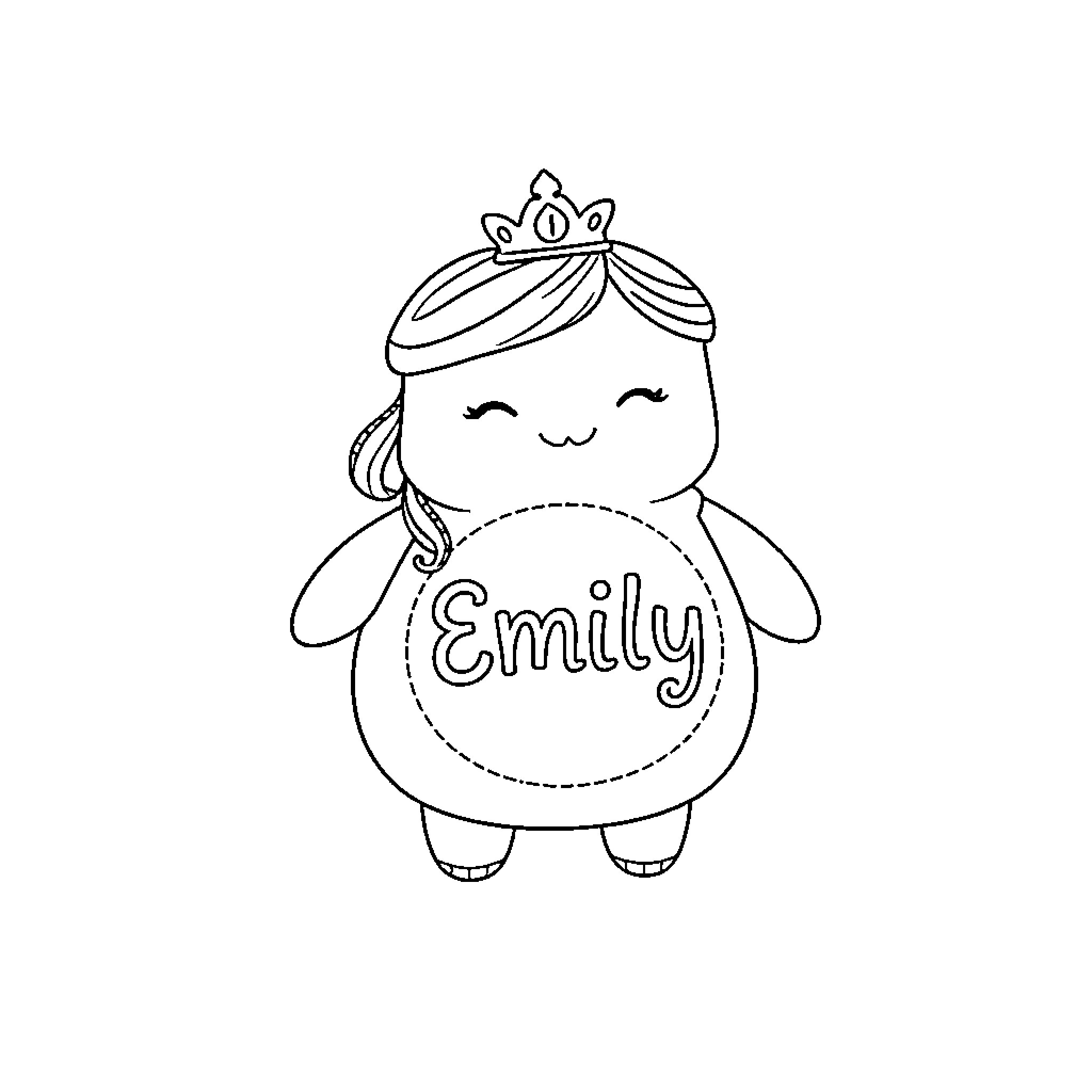 Squishmallow princess with tiara and name Coloring Page (free black-and-white line drawing printable PDF for all, from beginners to advanced learners, including children, teens, adults, and seniors)