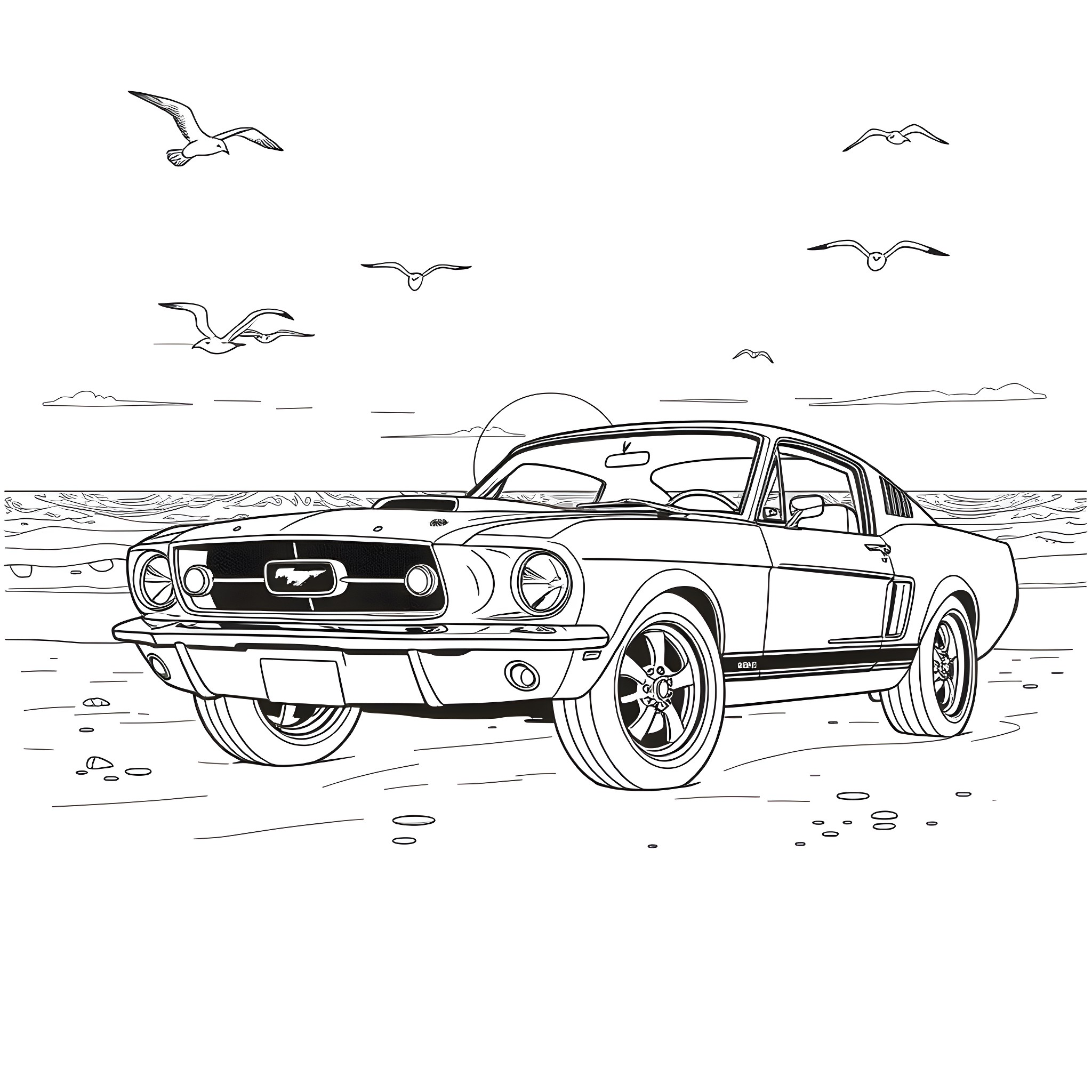 Mustang muscle car cruising along the beach Coloring Page (free black-and-white line drawing printable PDF for all, from beginners to advanced learners, including children, teens, adults, and seniors)
