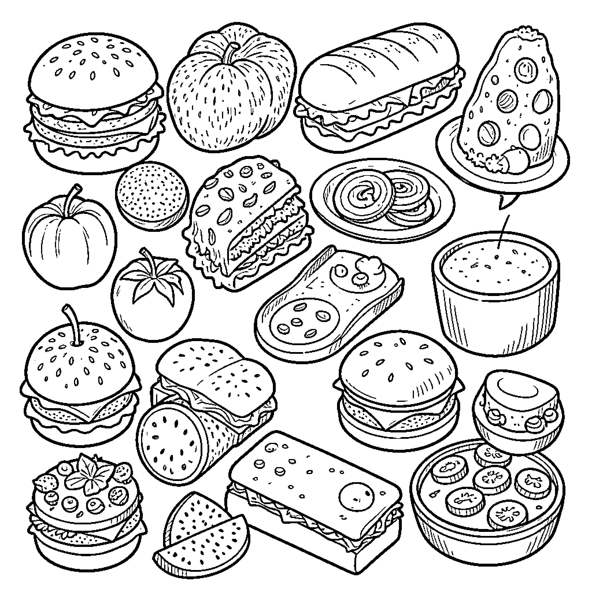 Food items arranged in a diverse collection Coloring Page (free black-and-white line drawing printable PDF for all, from beginners to advanced learners, including children, teens, adults, and seniors)