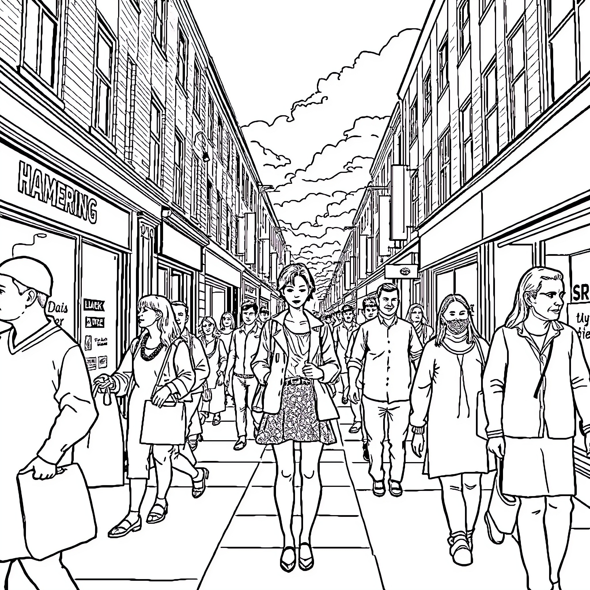 Woman walking through busy city street with people Coloring Page (free black-and-white line drawing printable PDF for all, from beginners to advanced learners, including children, teens, adults, and seniors)