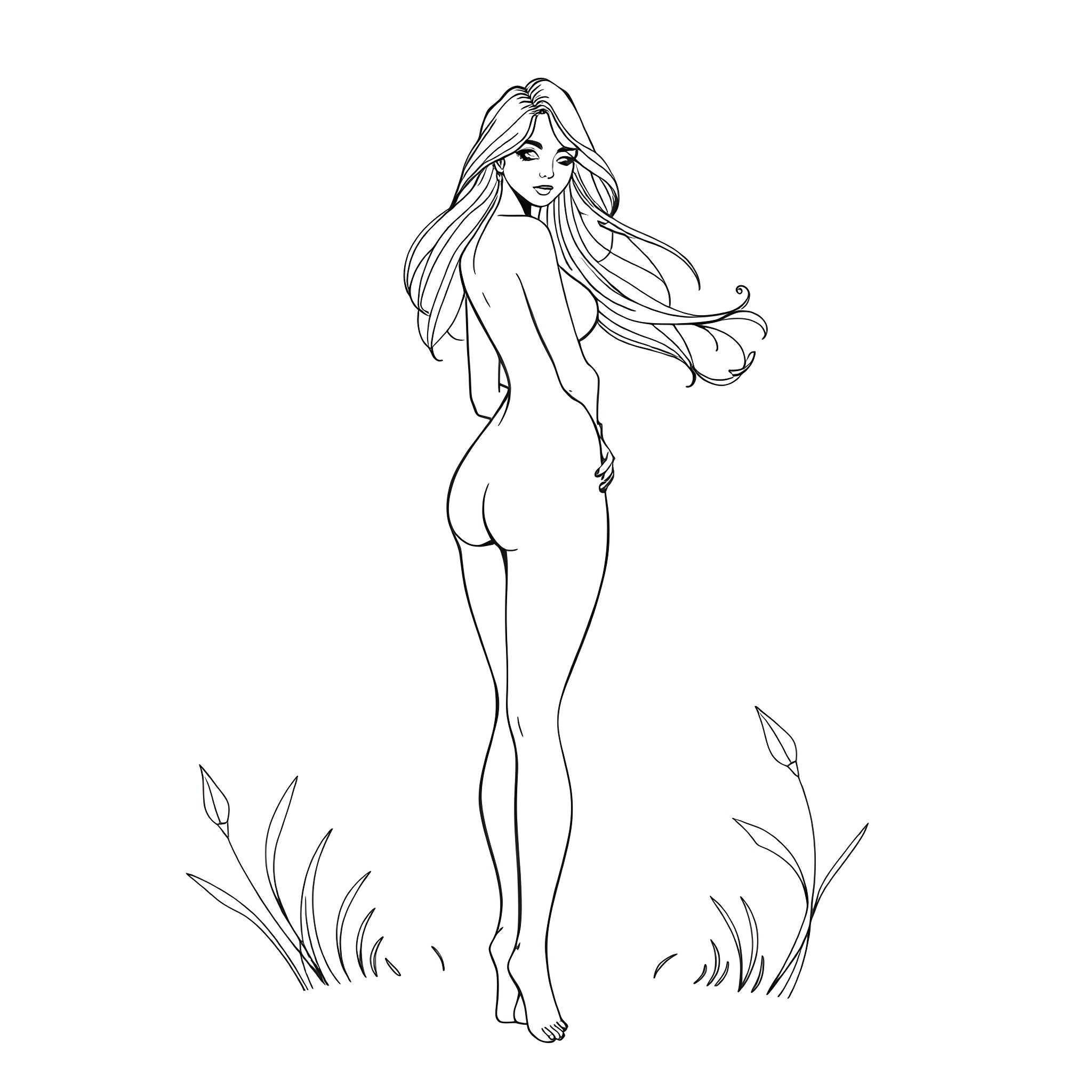 Woman in flowing, graceful pose surrounded by nature Coloring Page (free black-and-white line drawing printable PDF for all, from beginners to advanced learners, including children, teens, adults, and seniors)
