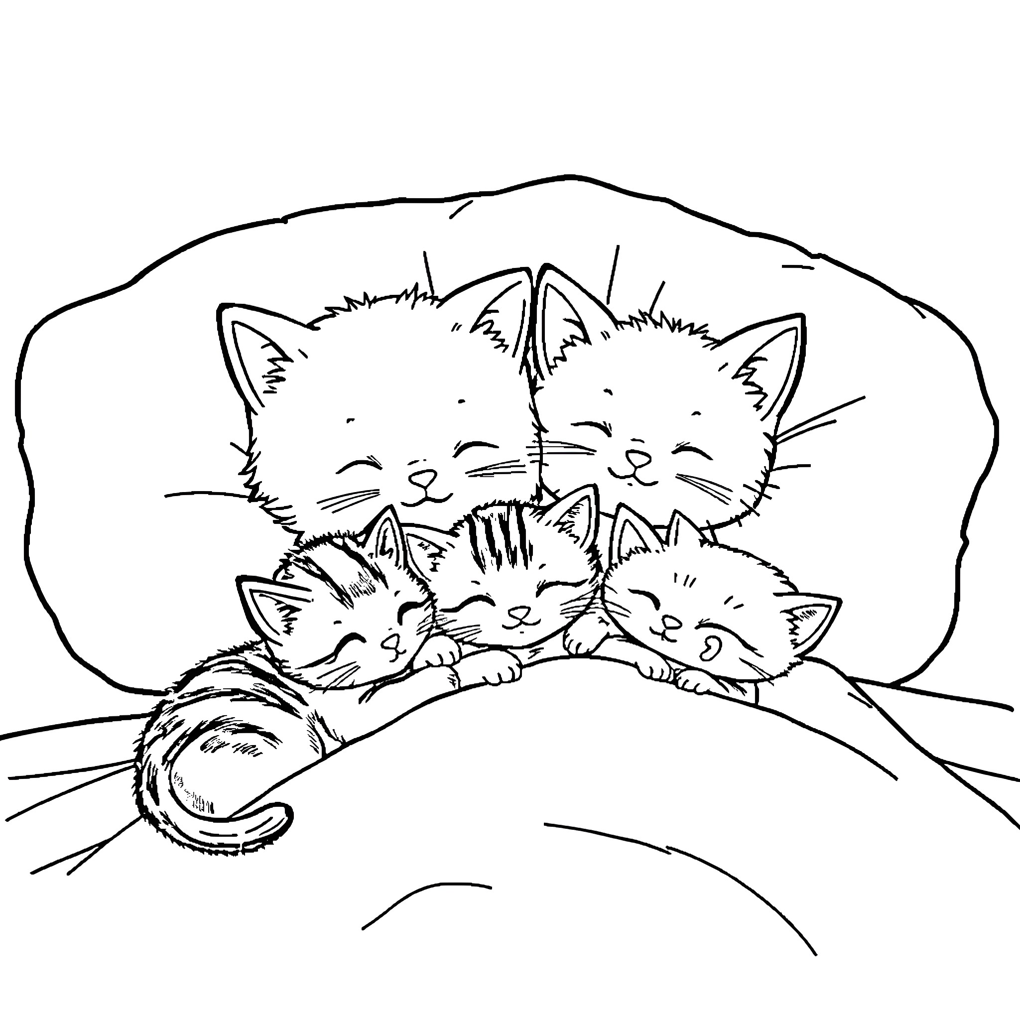 Kitty family cuddling in cozy nest Coloring Page (free black-and-white line drawing printable PDF for all, from beginners to advanced learners, including children, teens, adults, and seniors)