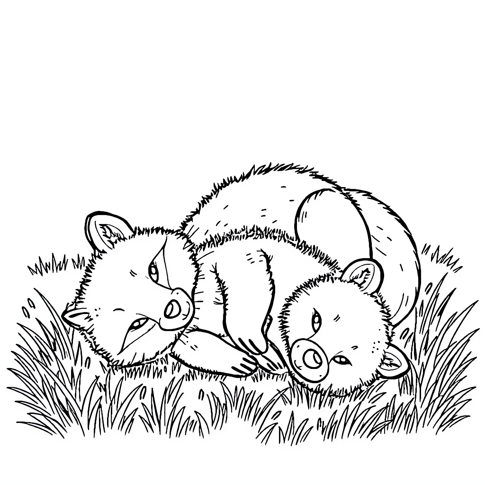 Fox and Piglet Playing in the Grass Coloring Page (free black-and-white line drawing printable PDF for all, from beginners to advanced learners, including children, teens, adults, and seniors)