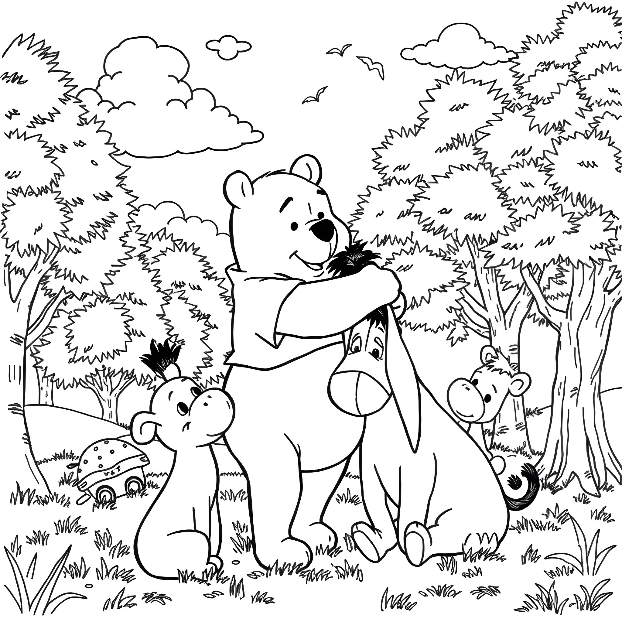Winnie The Pooh exploring the enchanting forest Coloring Page (free black-and-white line drawing printable PDF for all, from beginners to advanced learners, including children, teens, adults, and seniors)