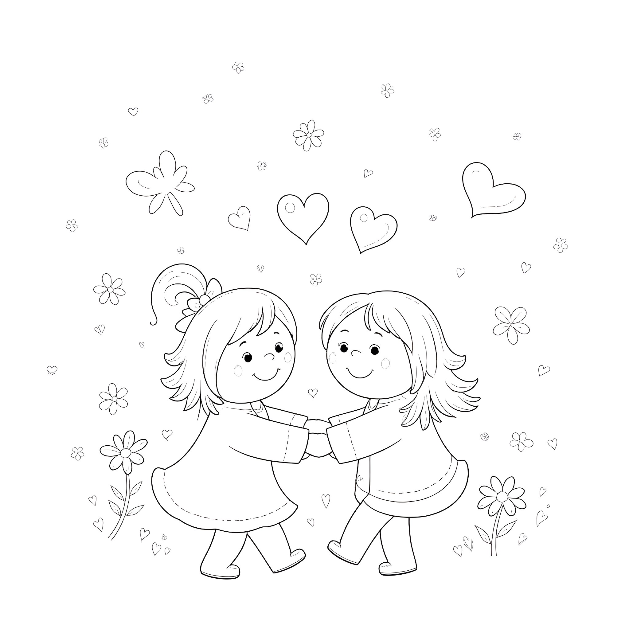 Love between two friends embracing with flowers Coloring Page (free black-and-white line drawing printable PDF for all, from beginners to advanced learners, including children, teens, adults, and seniors)