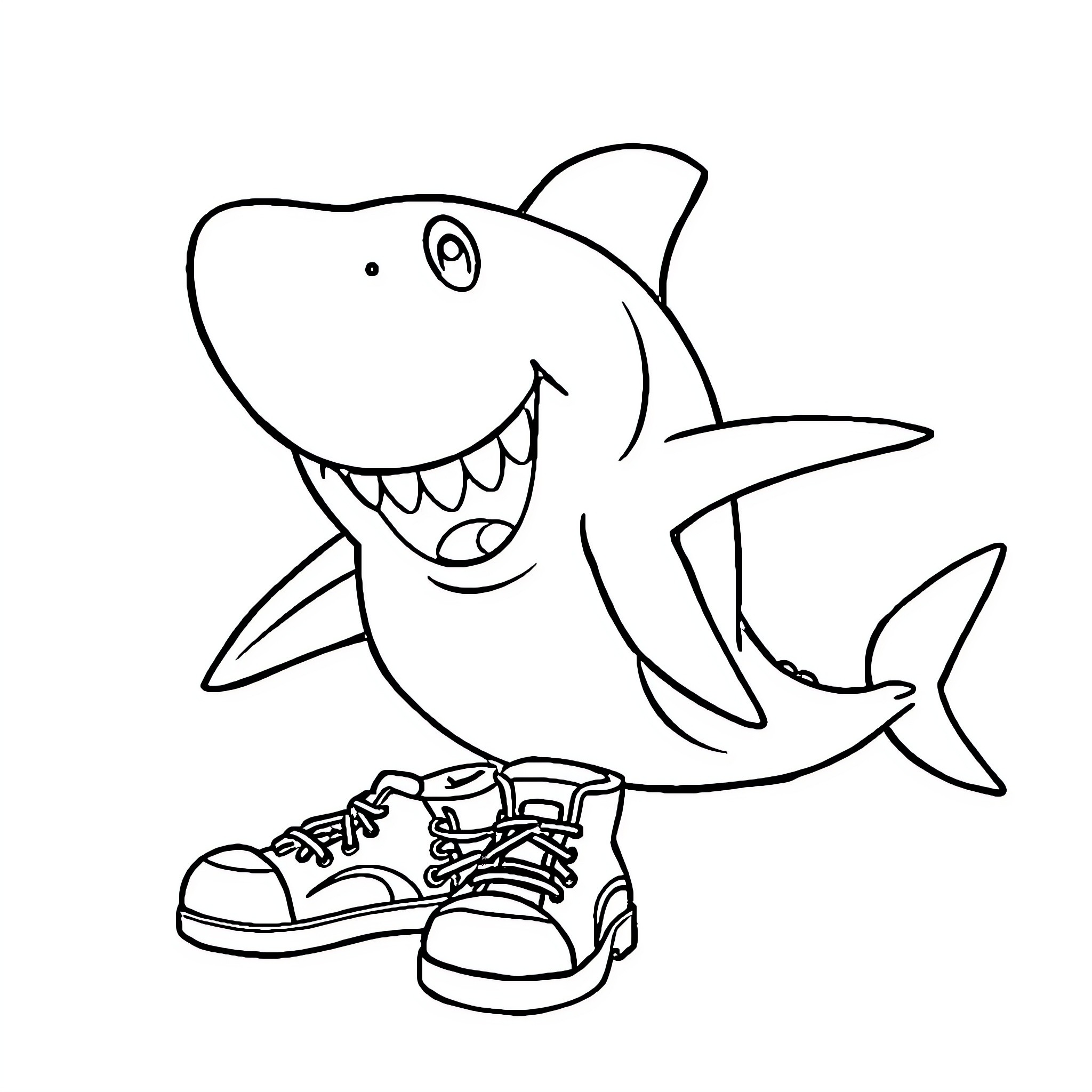 Shark wearing sneakers and smiling Coloring Page (free black-and-white line drawing printable PDF for all, from beginners to advanced learners, including children, teens, adults, and seniors)