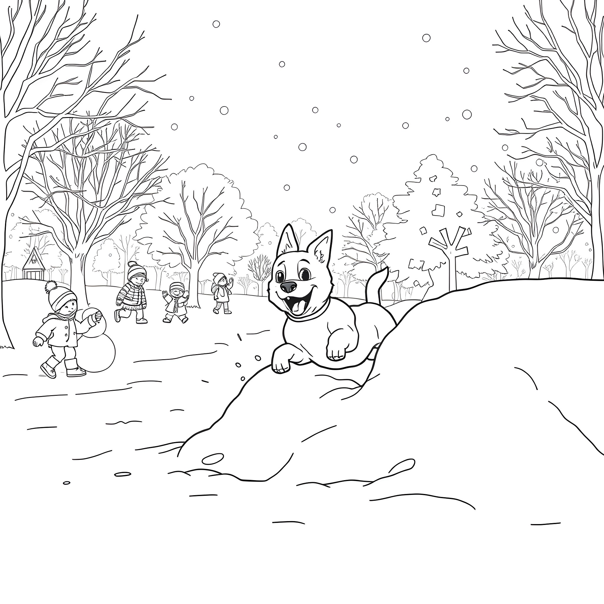 Husker playing in the snow with friends Coloring Page (free black-and-white line drawing printable PDF for all, from beginners to advanced learners, including children, teens, adults, and seniors)