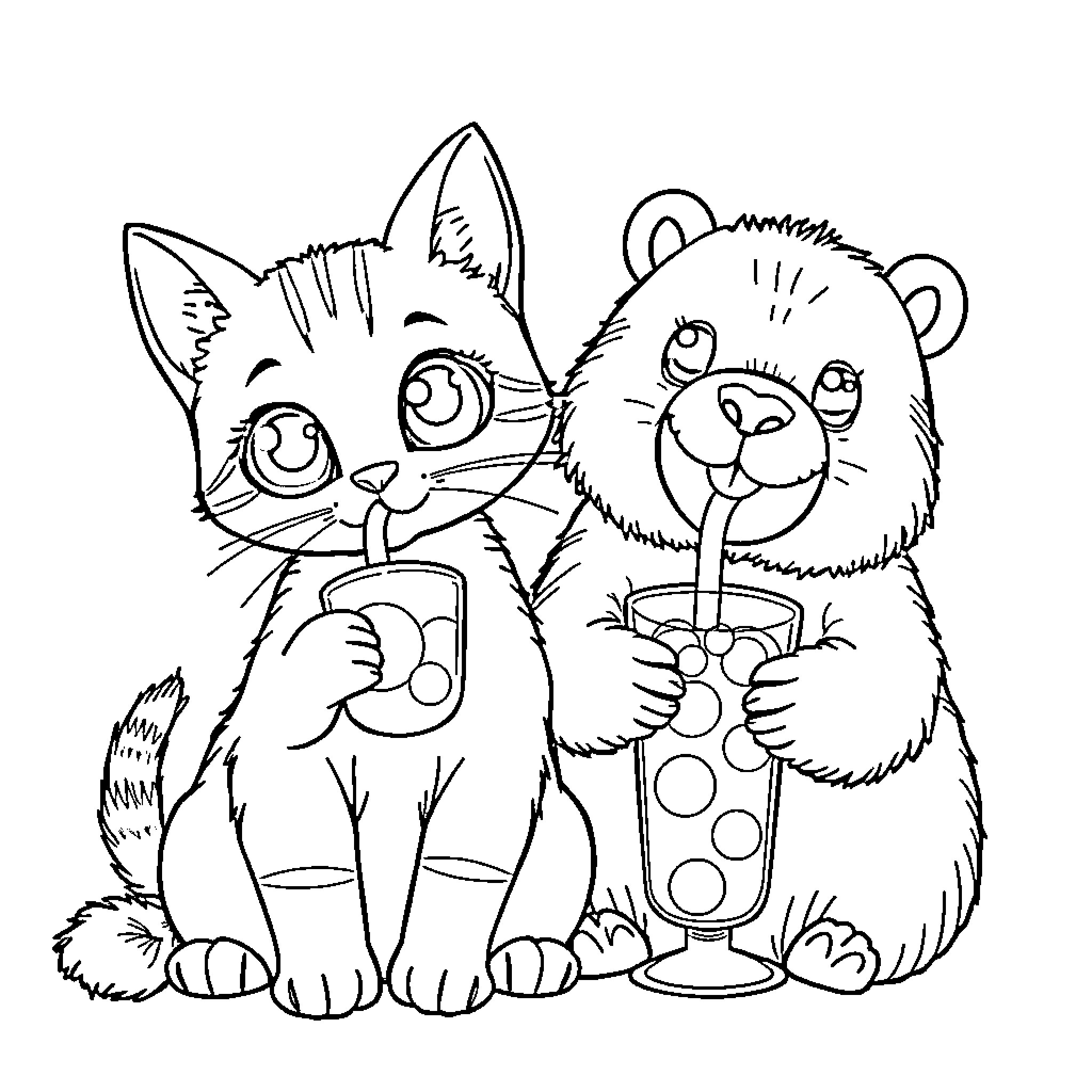 Cat and Bear Enjoying Refreshing Drinks Coloring Page (free black-and-white line drawing printable PDF for all, from beginners to advanced learners, including children, teens, adults, and seniors)