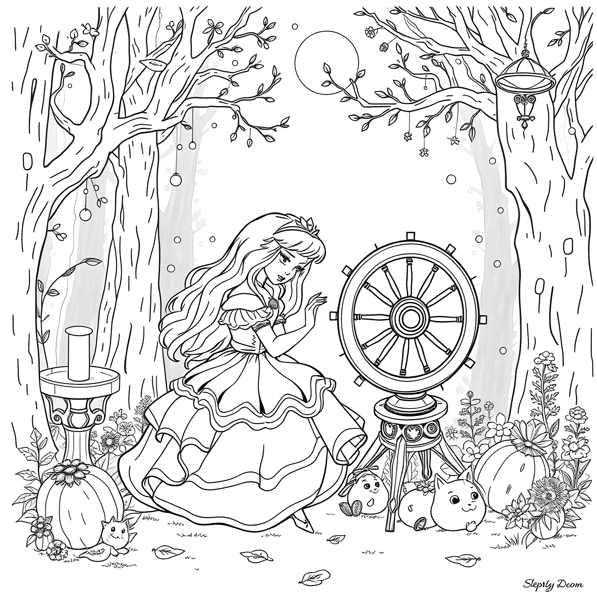 Sleeping Beauty in a magical woodland setting Coloring Page (free black-and-white line drawing printable PDF for all, from beginners to advanced learners, including children, teens, adults, and seniors)