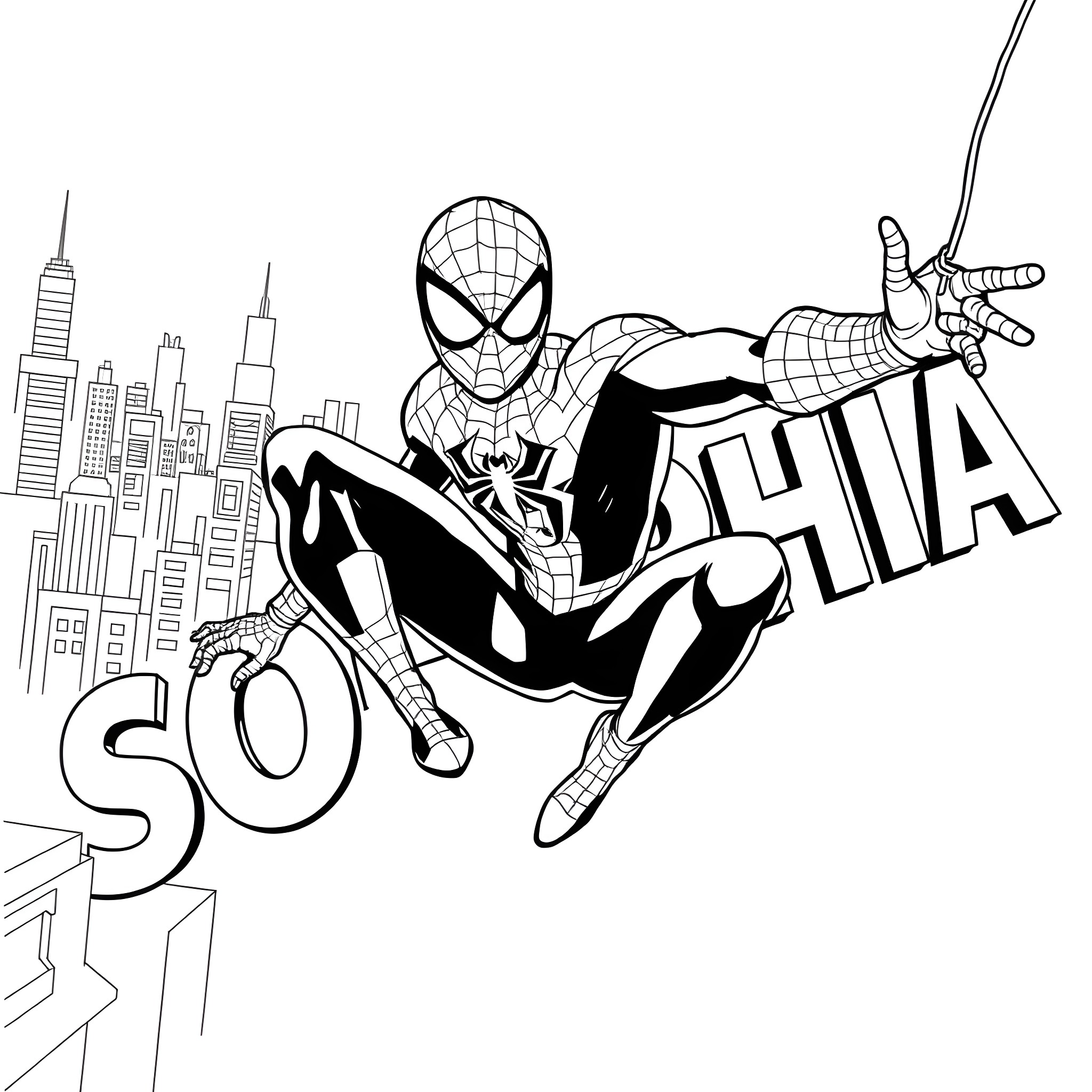 Spiderman swinging through the city with webbing Coloring Page (free black-and-white line drawing printable PDF for all, from beginners to advanced learners, including children, teens, adults, and seniors)