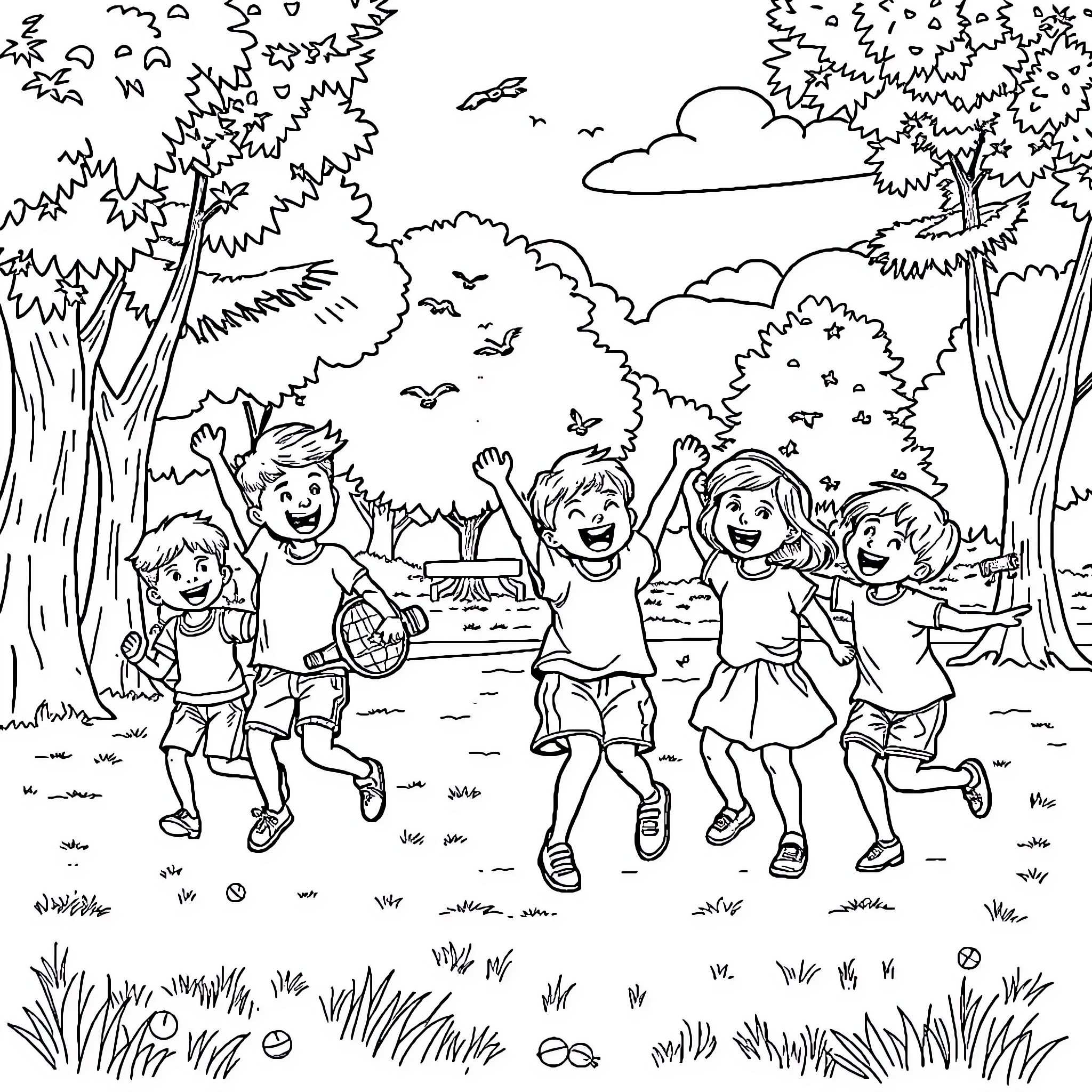 Kids playing happily in the forest Coloring Page (free black-and-white line drawing printable PDF for all, from beginners to advanced learners, including children, teens, adults, and seniors)