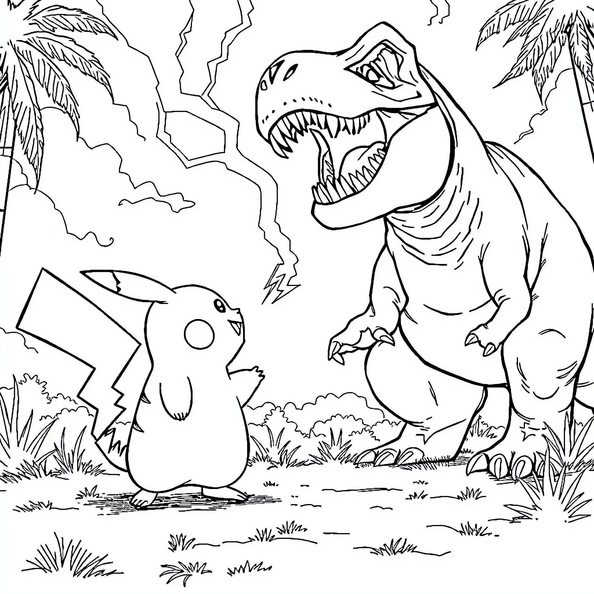 Pikachu Encounters a Fearsome Dinosaur Coloring Page (free black-and-white line drawing printable PDF for all, from beginners to advanced learners, including children, teens, adults, and seniors)