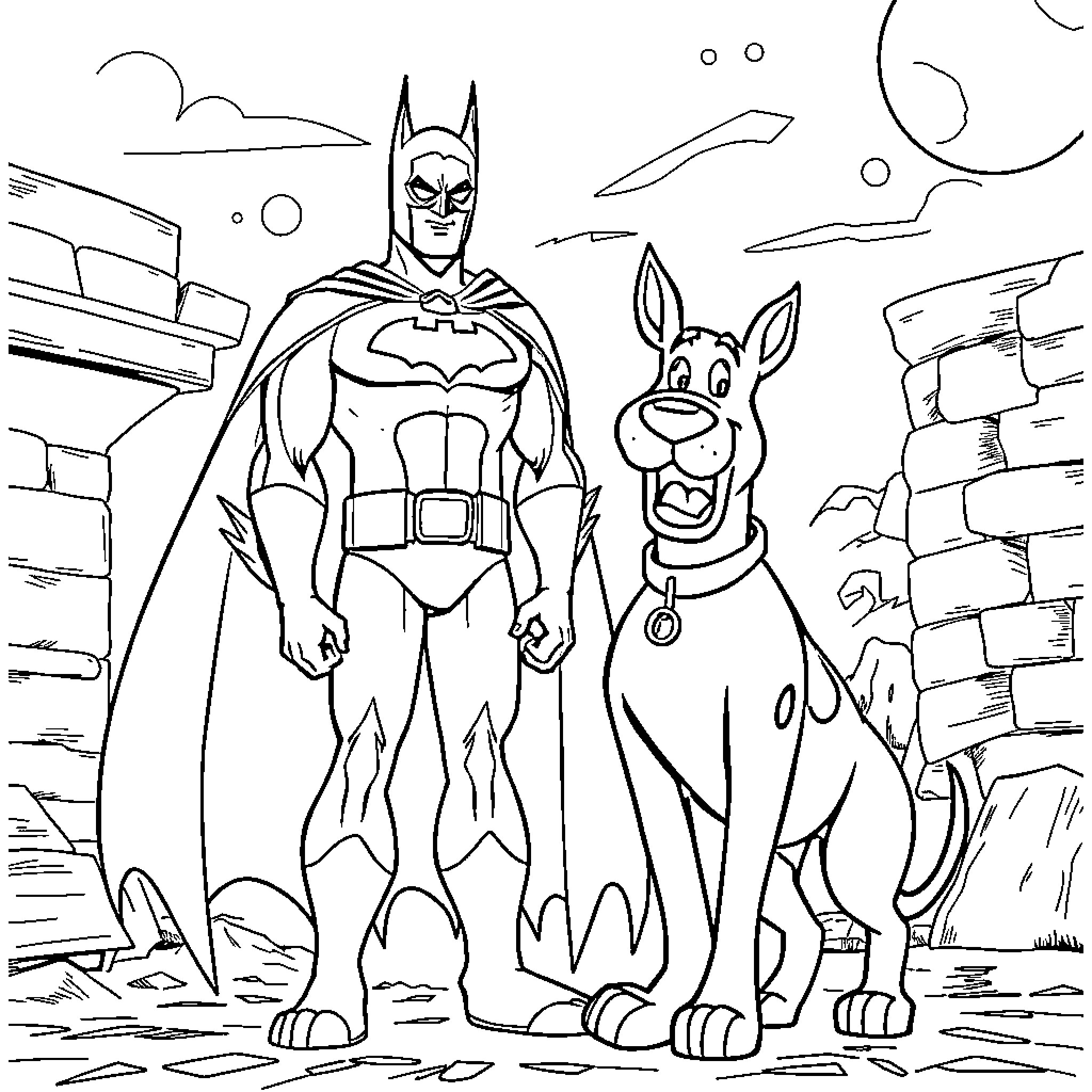 Batman and his canine companion in an urban setting Coloring Page (free black-and-white line drawing printable PDF for all, from beginners to advanced learners, including children, teens, adults, and seniors)