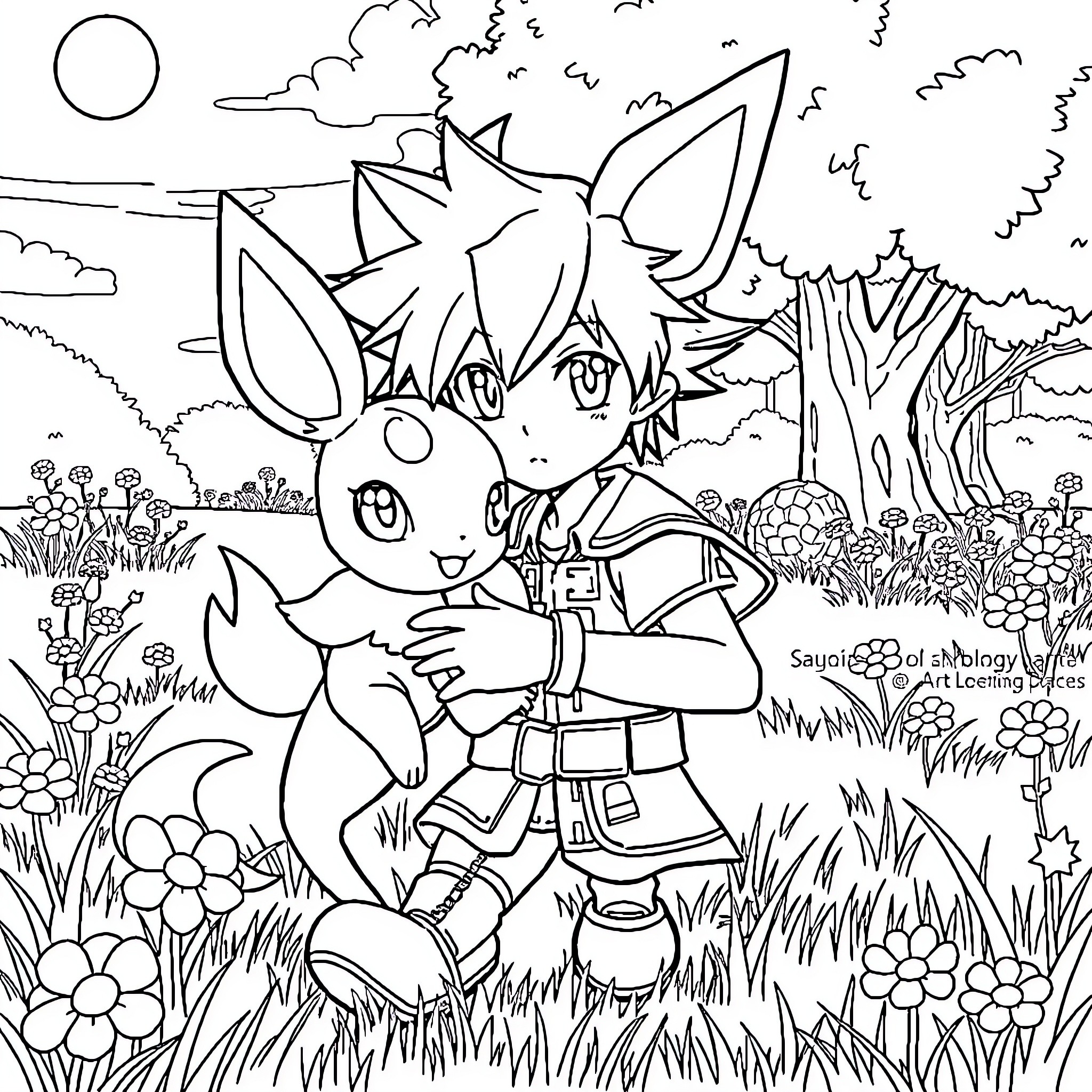 Sora explores the enchanting woodland Coloring Page (free black-and-white line drawing printable PDF for all, from beginners to advanced learners, including children, teens, adults, and seniors)