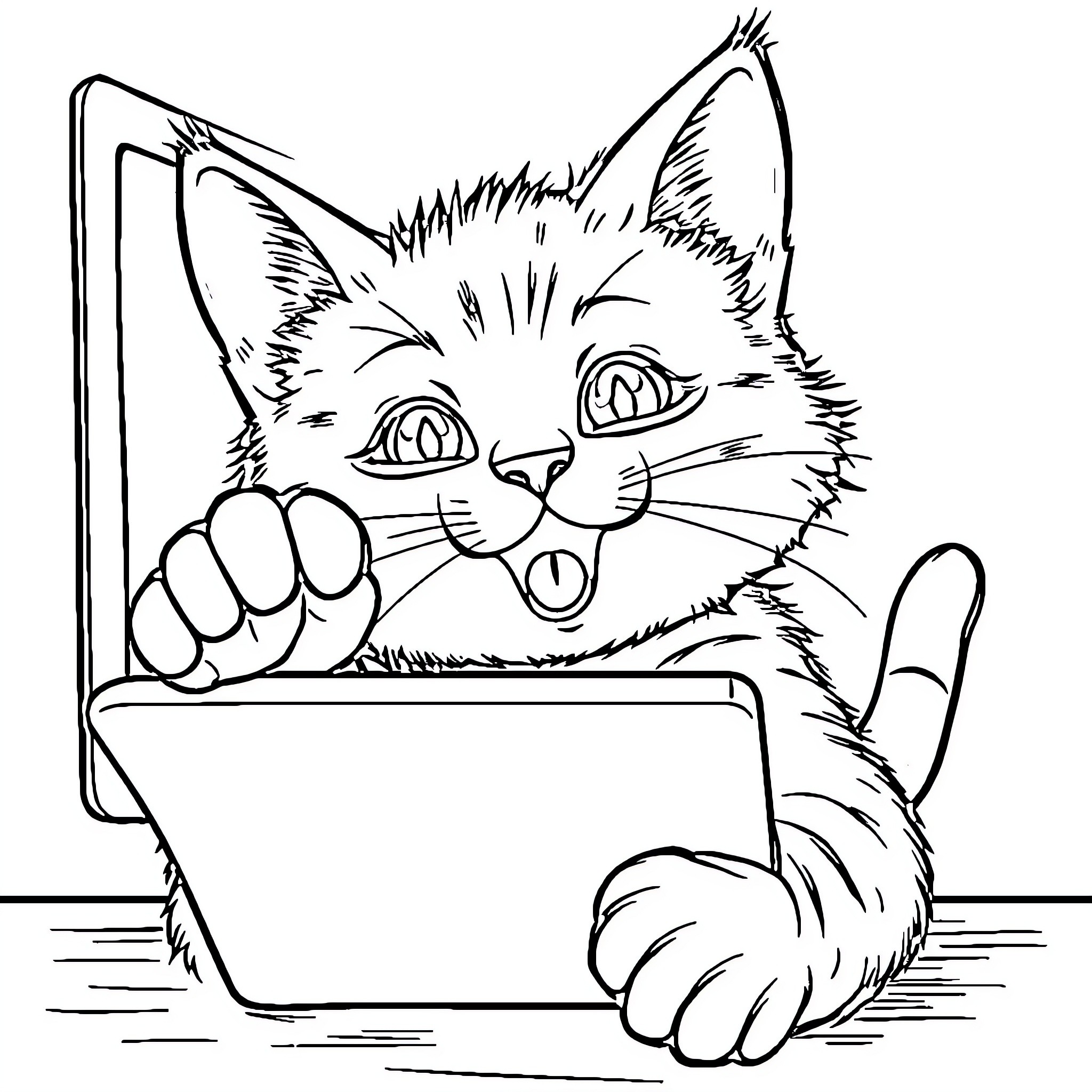 Cat using laptop computer intently Coloring Page (free black-and-white line drawing printable PDF for all, from beginners to advanced learners, including children, teens, adults, and seniors)