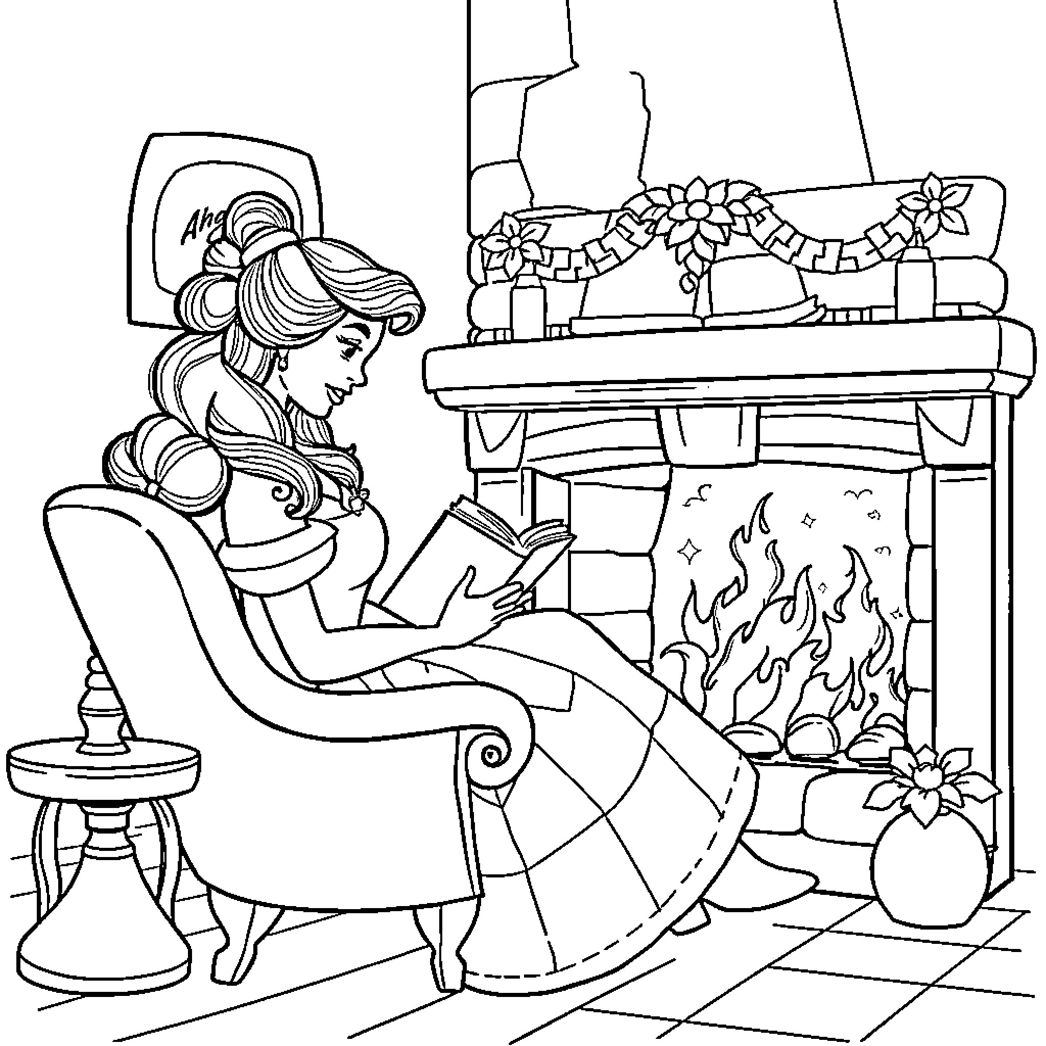Belle Reading Comfortably by the Fireplace Coloring Page (free black-and-white line drawing printable PDF for all, from beginners to advanced learners, including children, teens, adults, and seniors)