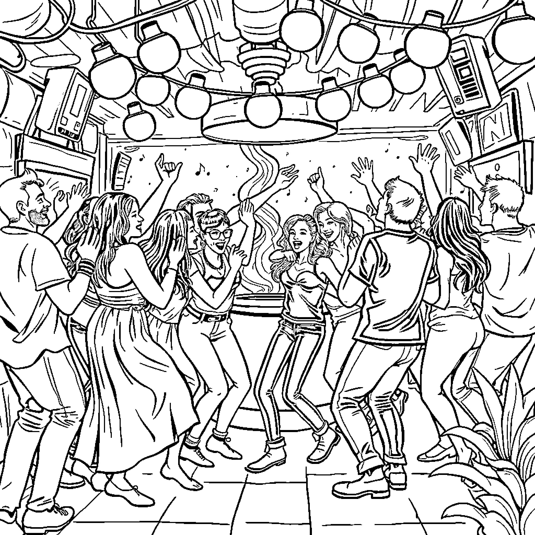 Pot of people dancing at a party Coloring Page (free black-and-white line drawing printable PDF for all, from beginners to advanced learners, including children, teens, adults, and seniors)