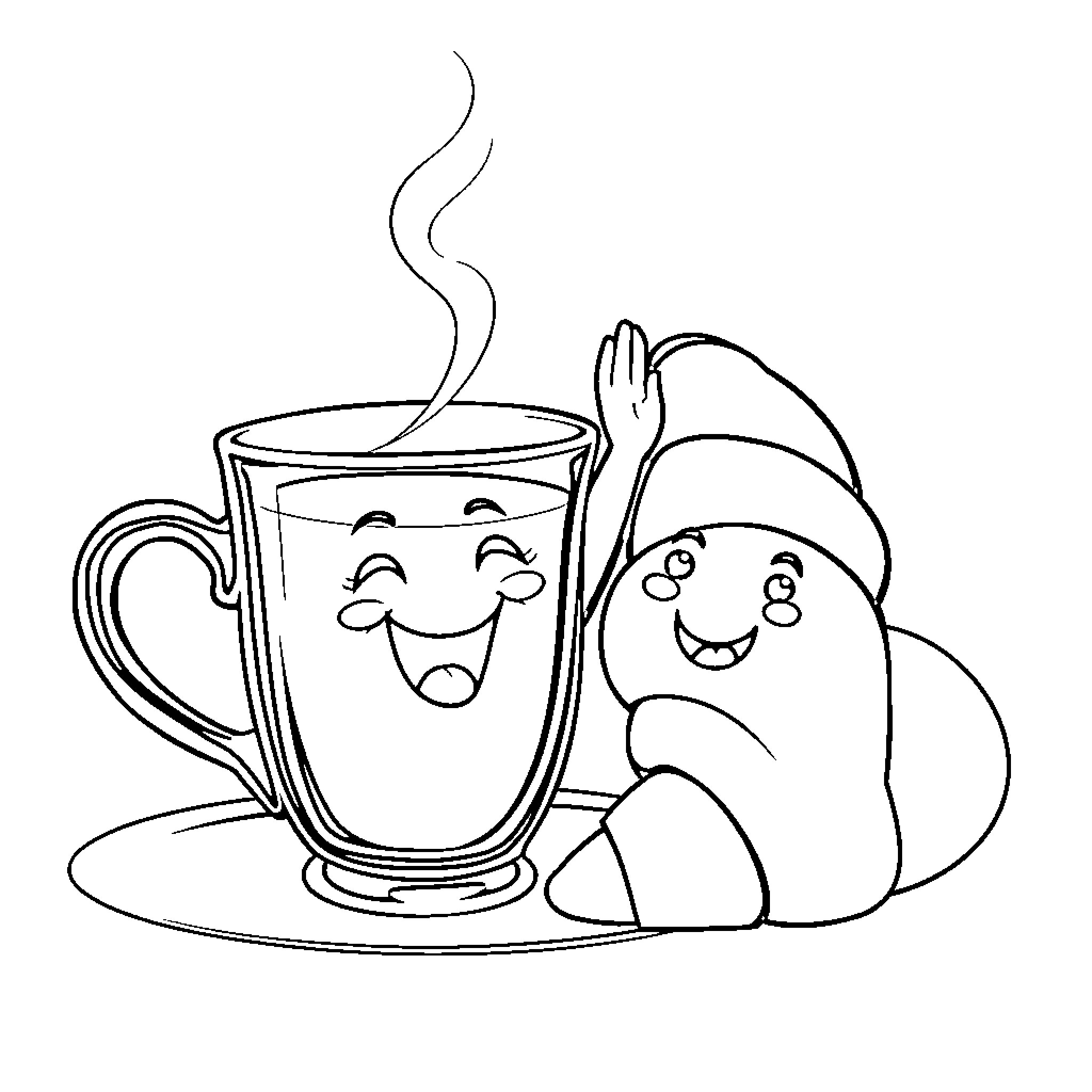 Tea Time with Cheerful Companions Coloring Page (free black-and-white line drawing printable PDF for all, from beginners to advanced learners, including children, teens, adults, and seniors)