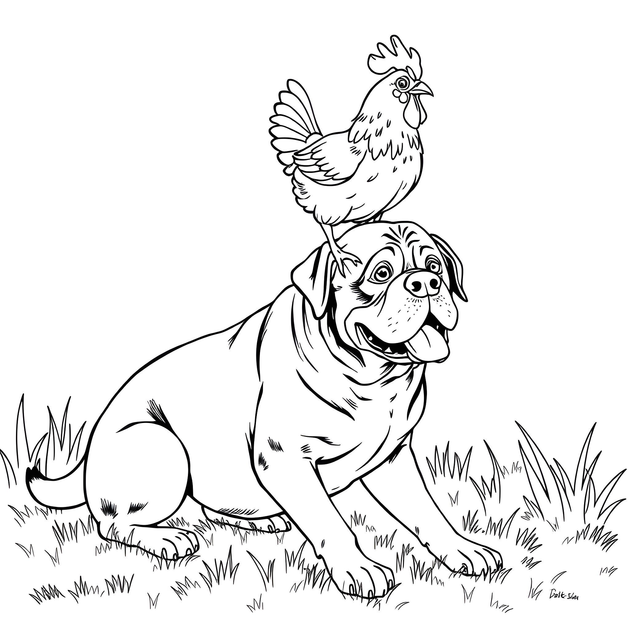 Chicken riding happily on a friendly dog Coloring Page (free black-and-white line drawing printable PDF for all, from beginners to advanced learners, including children, teens, adults, and seniors)