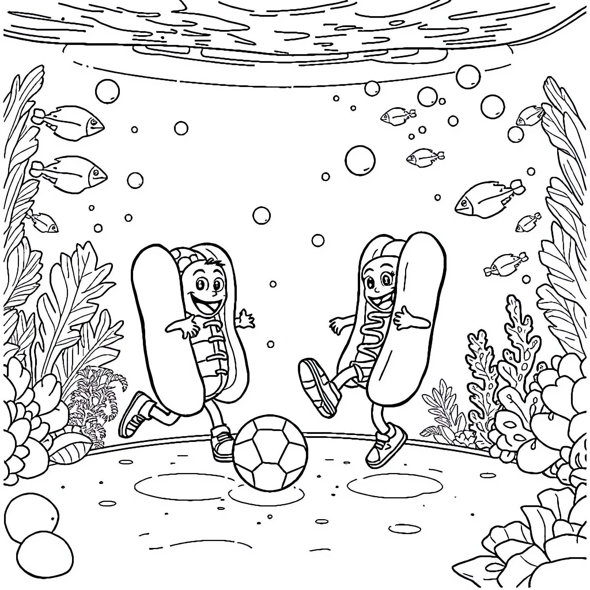Hotdog friends playing soccer underwater Coloring Page (free black-and-white line drawing printable PDF for all, from beginners to advanced learners, including children, teens, adults, and seniors)