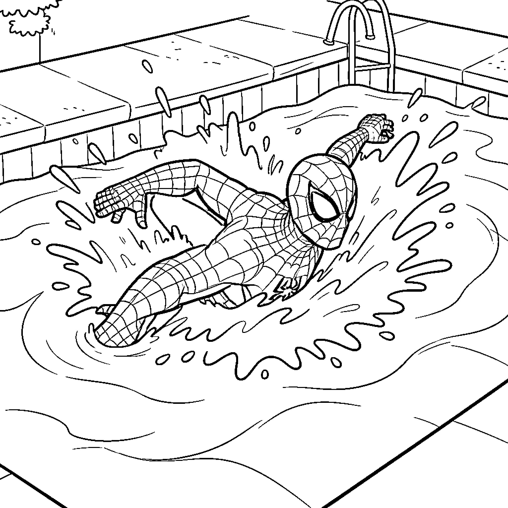 Spiderman swimming through the splashing pool water Coloring Page (free black-and-white line drawing printable PDF for all, from beginners to advanced learners, including children, teens, adults, and seniors)
