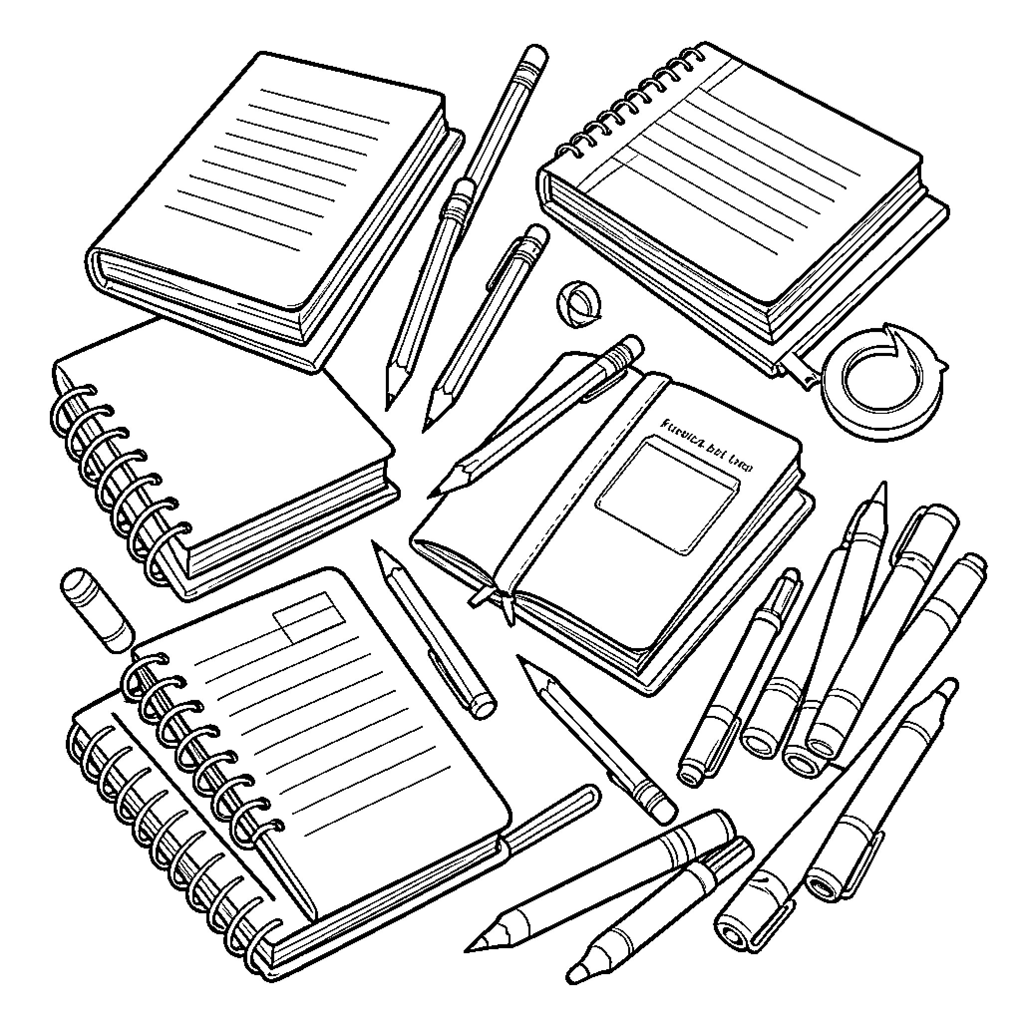 School Objects with Diverse Writing Utensils Coloring Page (free black-and-white line drawing printable PDF for all, from beginners to advanced learners, including children, teens, adults, and seniors)