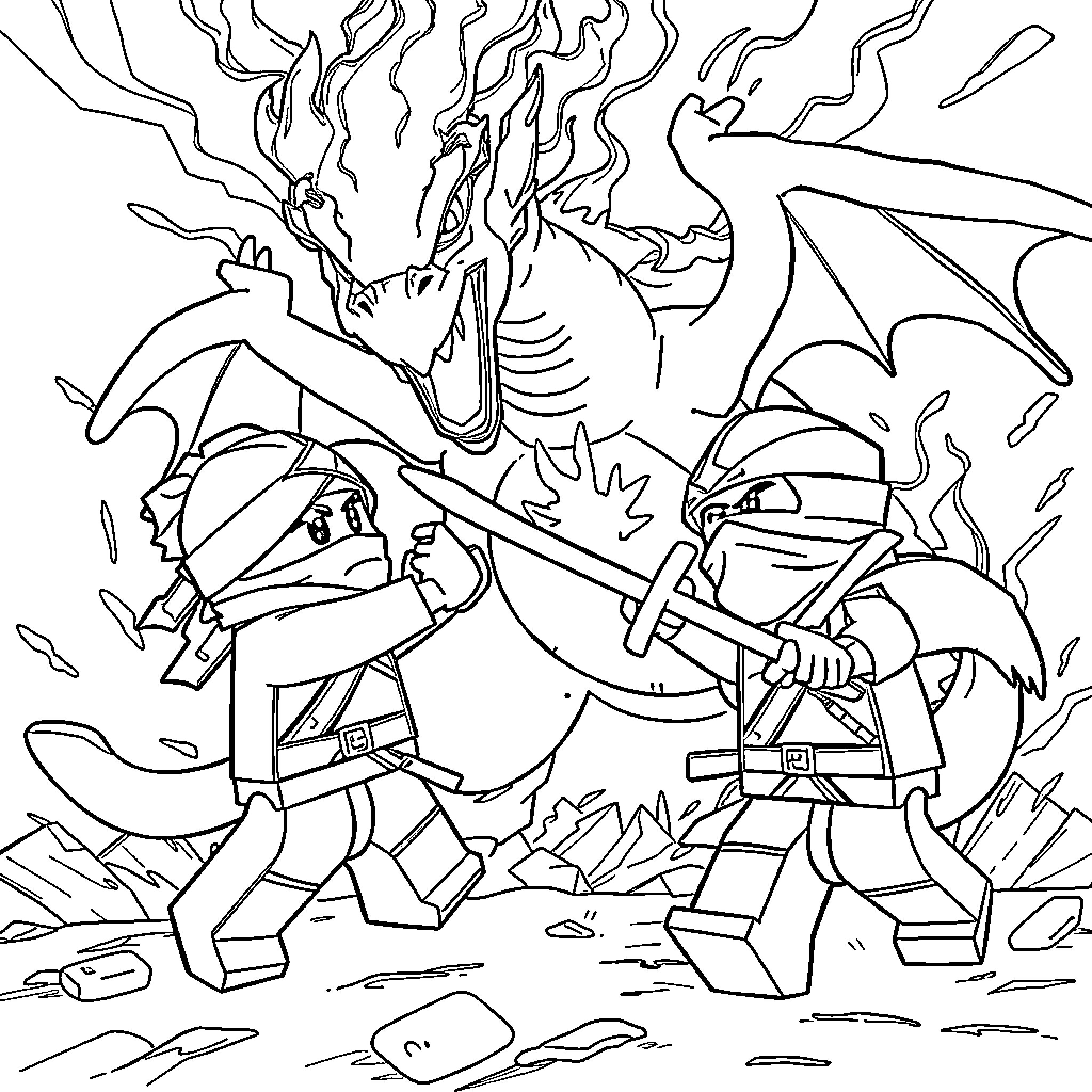 Ninjago warriors battling a fierce dragon Coloring Page (free black-and-white line drawing printable PDF for all, from beginners to advanced learners, including children, teens, adults, and seniors)