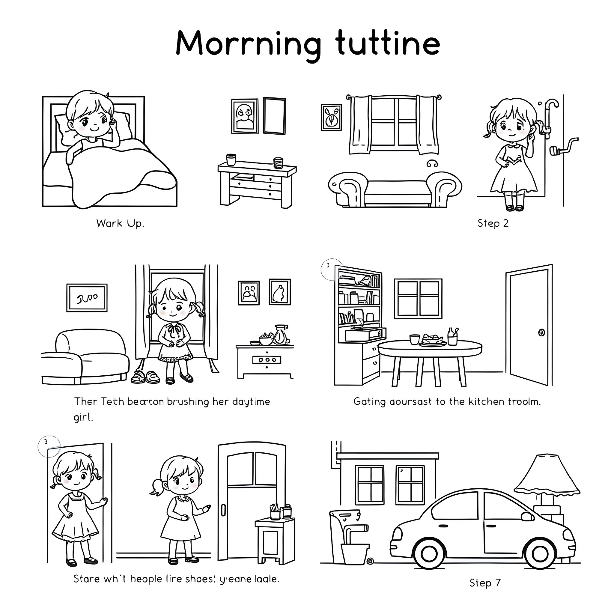 Esther's Morning Routine Coloring Page (free black-and-white line drawing printable PDF for all, from beginners to advanced learners, including children, teens, adults, and seniors)
