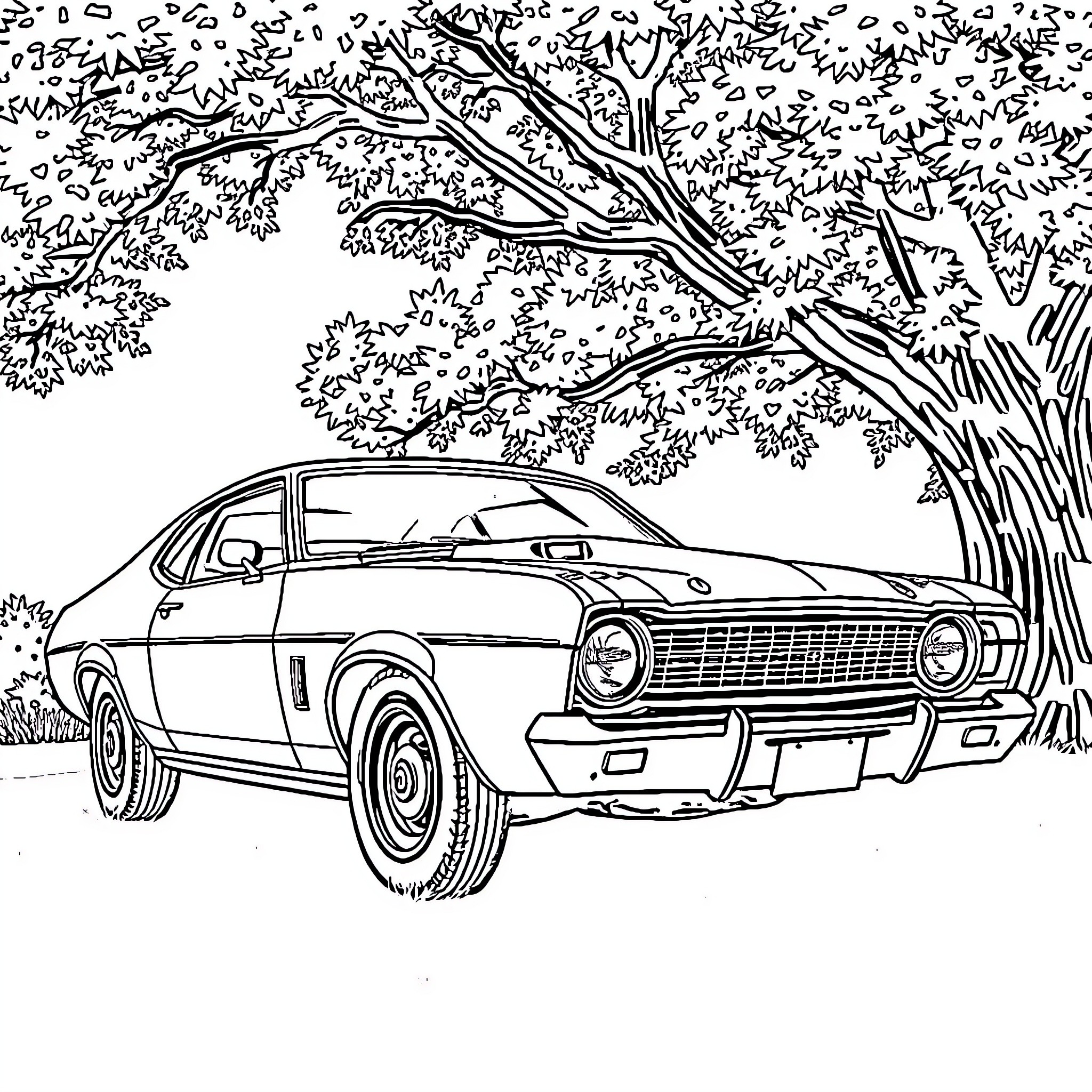 Ford Falcon classic car in nature scene Coloring Page (free black-and-white line drawing printable PDF for all, from beginners to advanced learners, including children, teens, adults, and seniors)