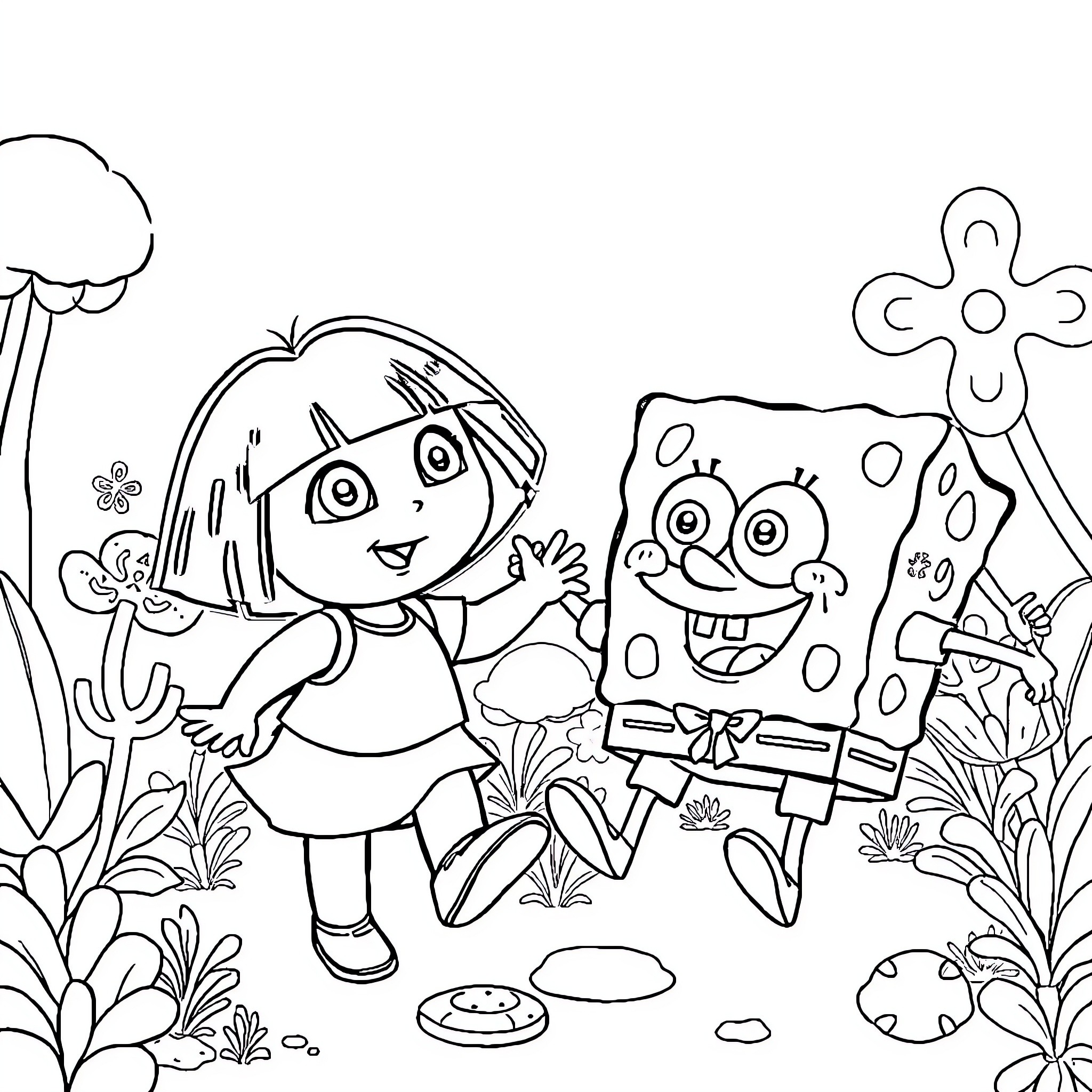 Dora and SpongeBob exploring the outdoors Coloring Page (free black-and-white line drawing printable PDF for all, from beginners to advanced learners, including children, teens, adults, and seniors)