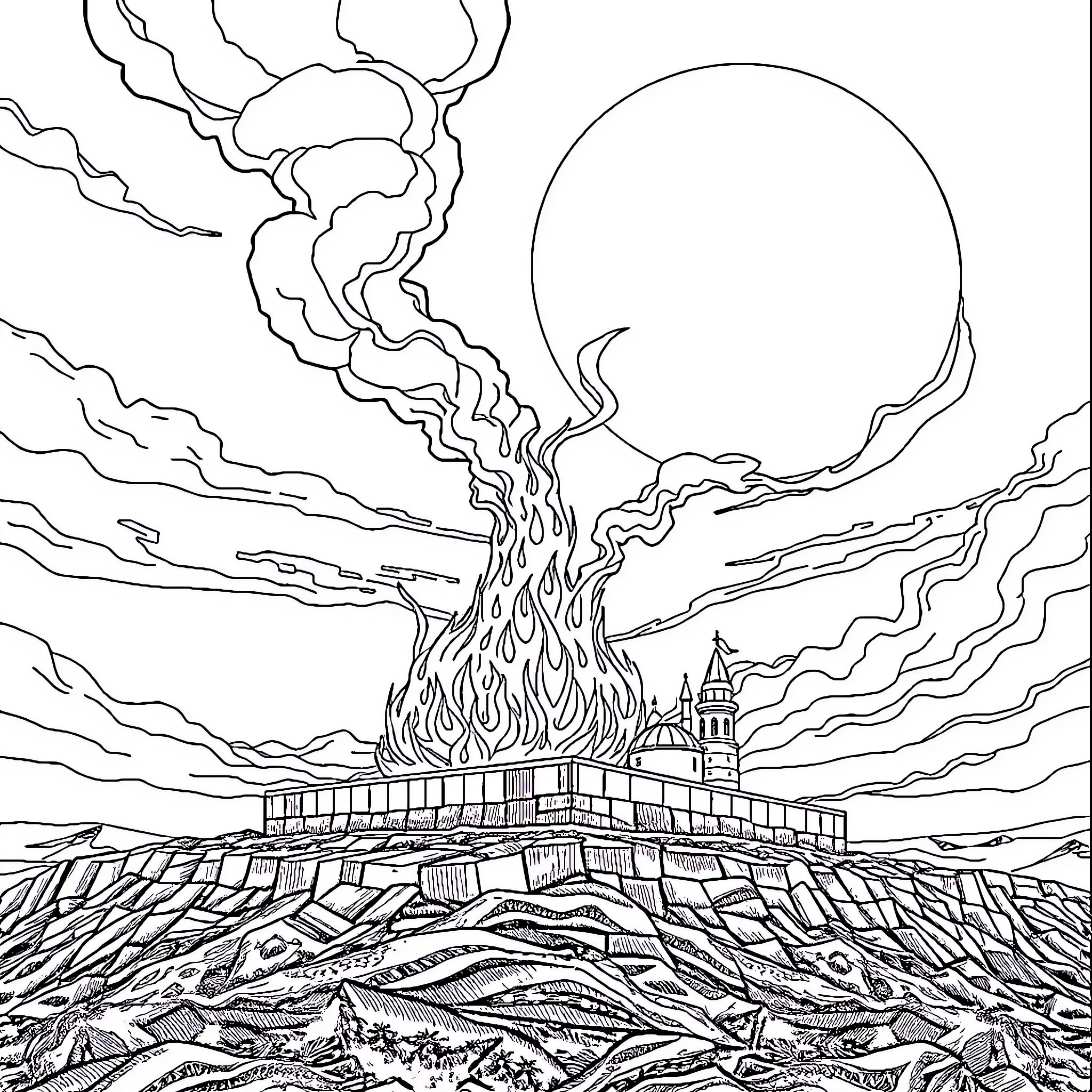Israel's Fiery Landscape and Ethereal Skyscape Coloring Page (free black-and-white line drawing printable PDF for all, from beginners to advanced learners, including children, teens, adults, and seniors)
