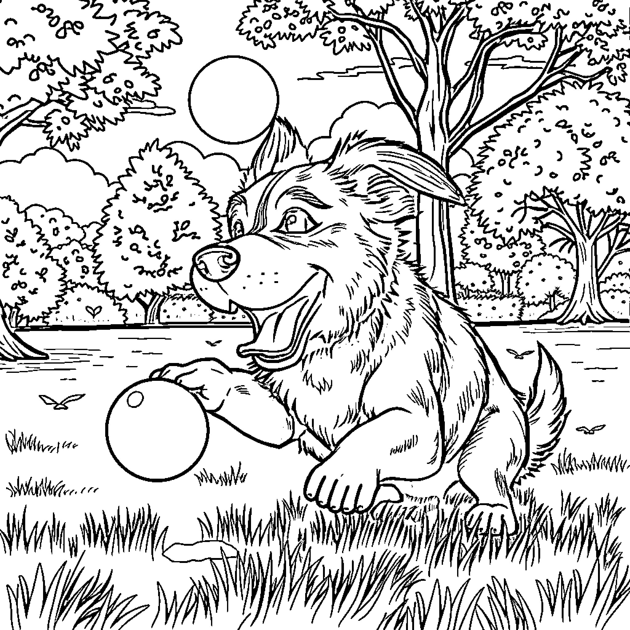 Dog enjoying playing with bubbles in the park Coloring Page (free black-and-white line drawing printable PDF for all, from beginners to advanced learners, including children, teens, adults, and seniors)