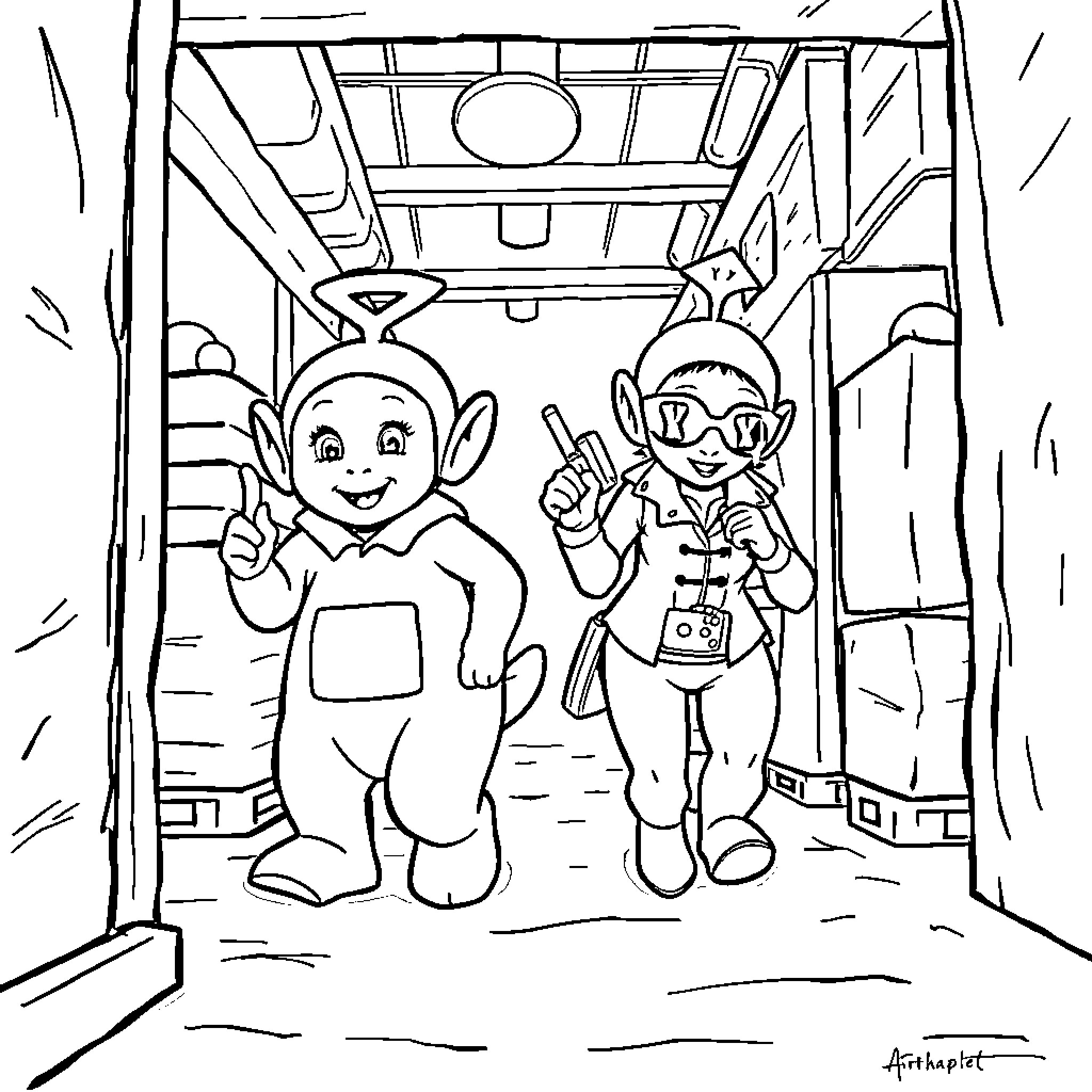 Laa-Laa and friend exploring the bus Coloring Page (free black-and-white line drawing printable PDF for all, from beginners to advanced learners, including children, teens, adults, and seniors)