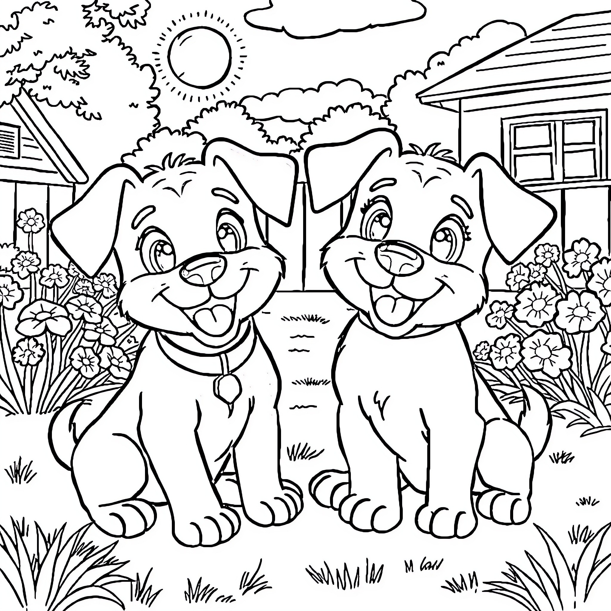 Bluey's Playful Pups Explore the Yard Coloring Page (free black-and-white line drawing printable PDF for all, from beginners to advanced learners, including children, teens, adults, and seniors)