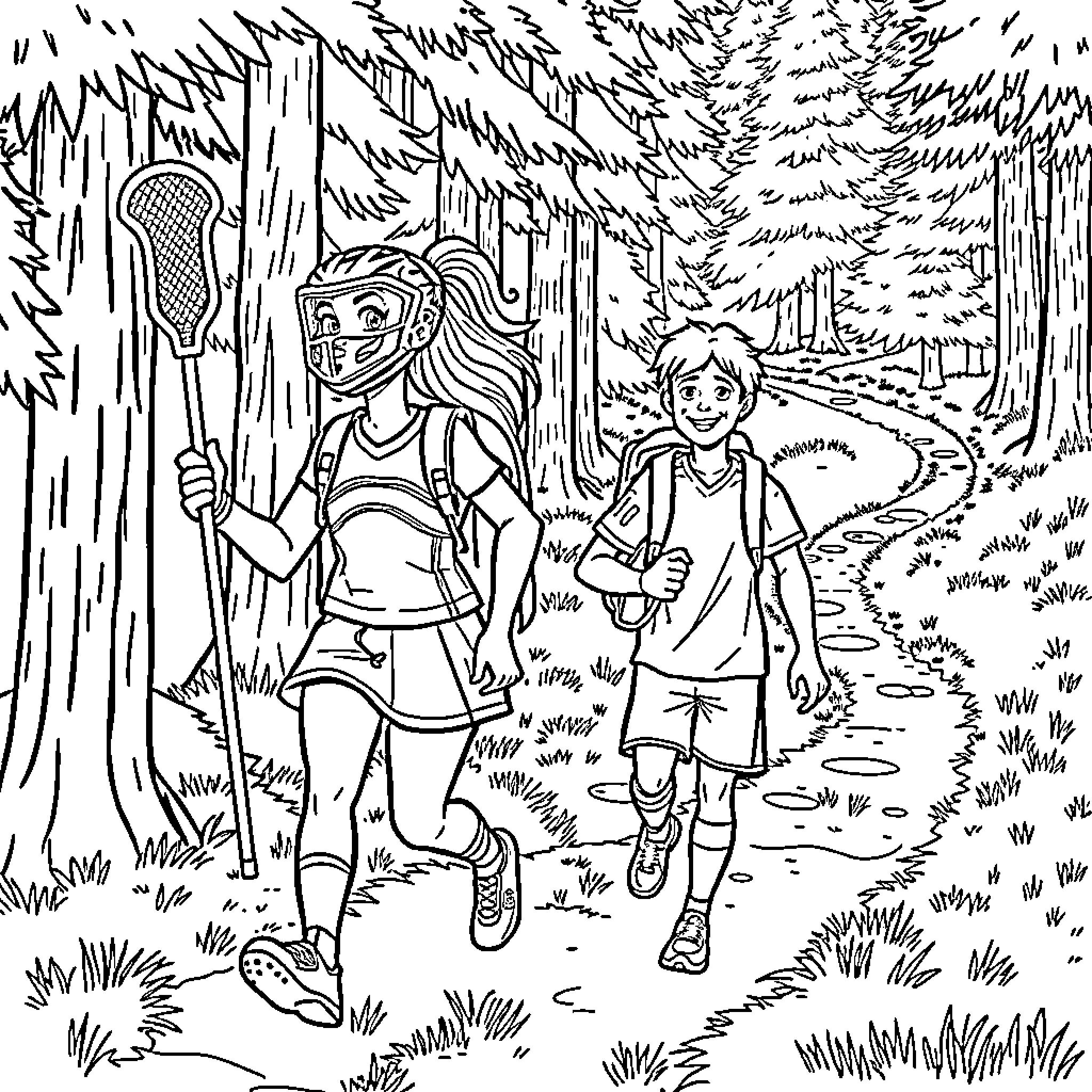 Cheerleader teammates hiking on a forest trail Coloring Page (free black-and-white line drawing printable PDF for all, from beginners to advanced learners, including children, teens, adults, and seniors)