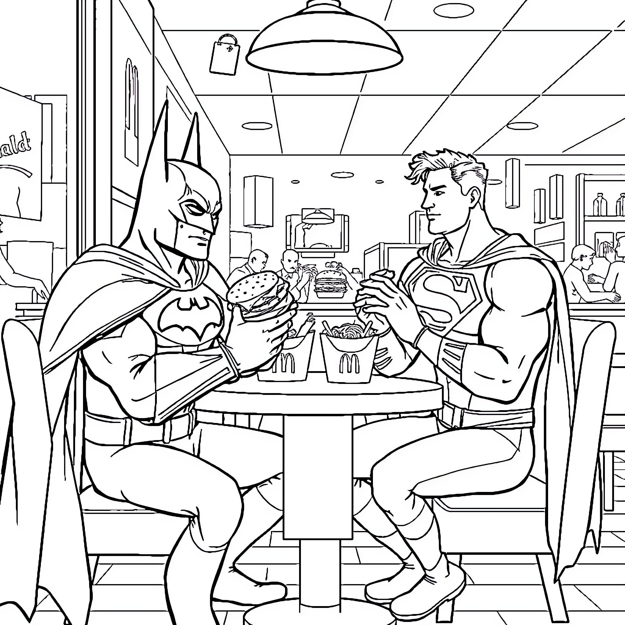 Batman and Superman Dining Together in a Cafe Coloring Page (free black-and-white line drawing printable PDF for all, from beginners to advanced learners, including children, teens, adults, and seniors)