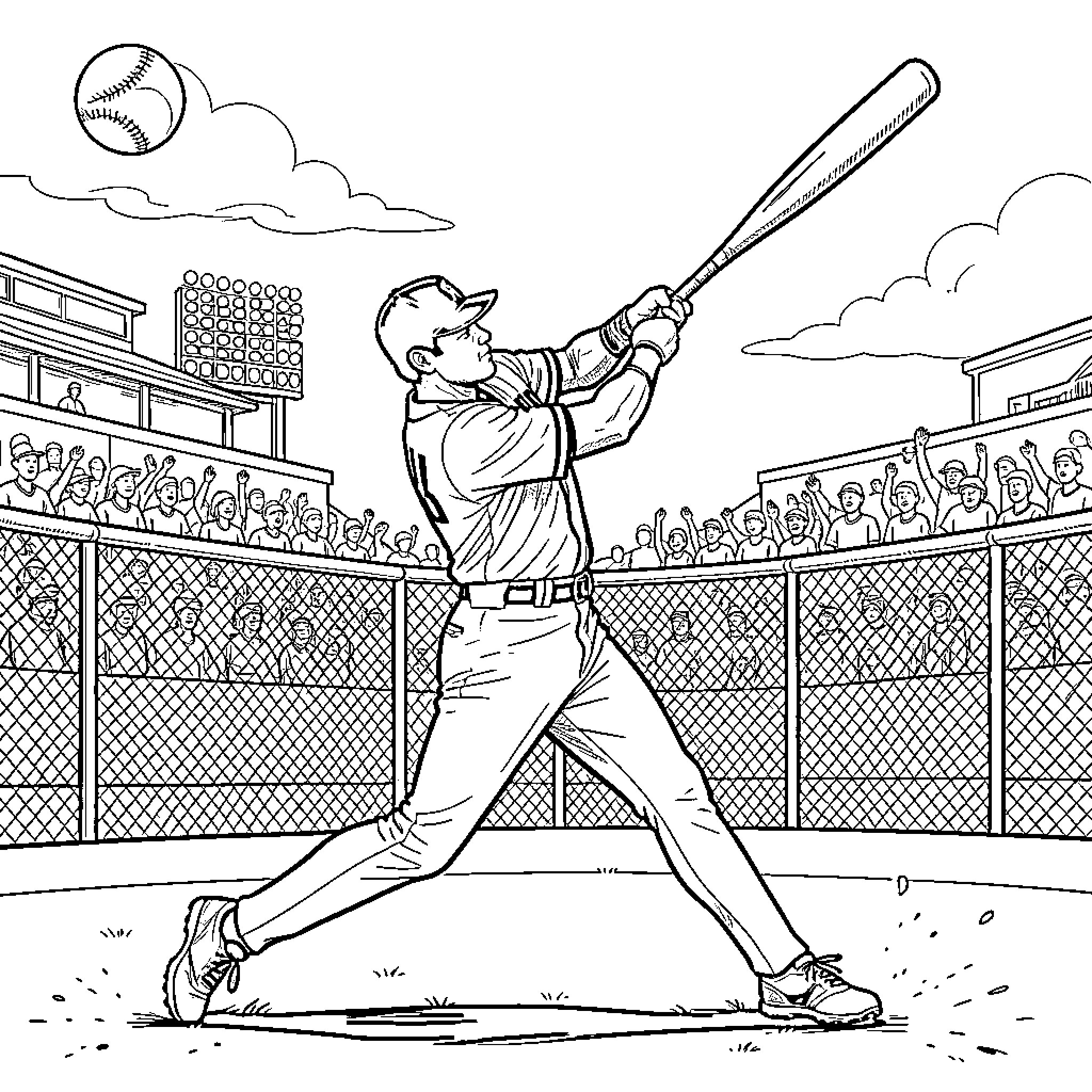 Ken Griffey Junior batting in a baseball game Coloring Page (free black-and-white line drawing printable PDF for all, from beginners to advanced learners, including children, teens, adults, and seniors)