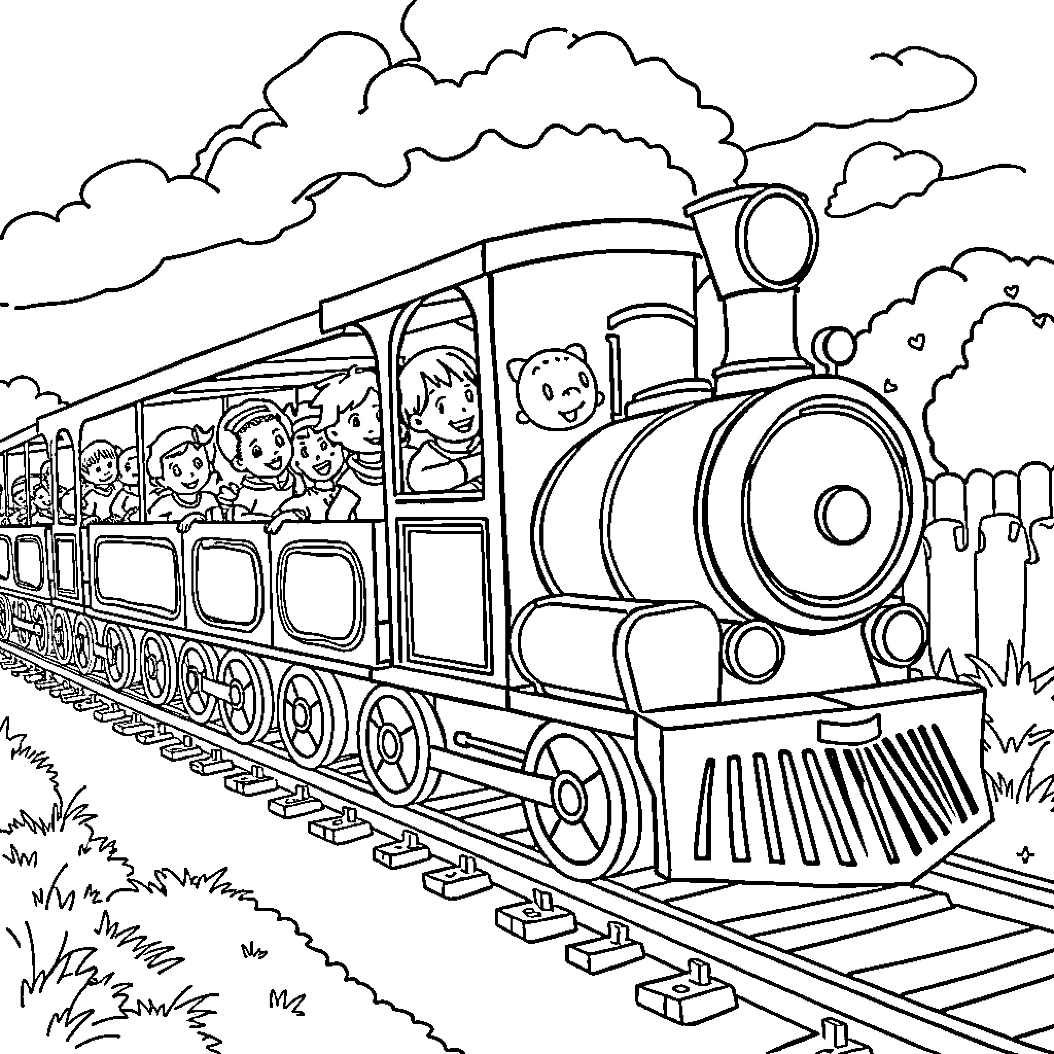 Amusement Train Carrying Happy Passengers on a Journey Coloring Page (free black-and-white line drawing printable PDF for all, from beginners to advanced learners, including children, teens, adults, and seniors)