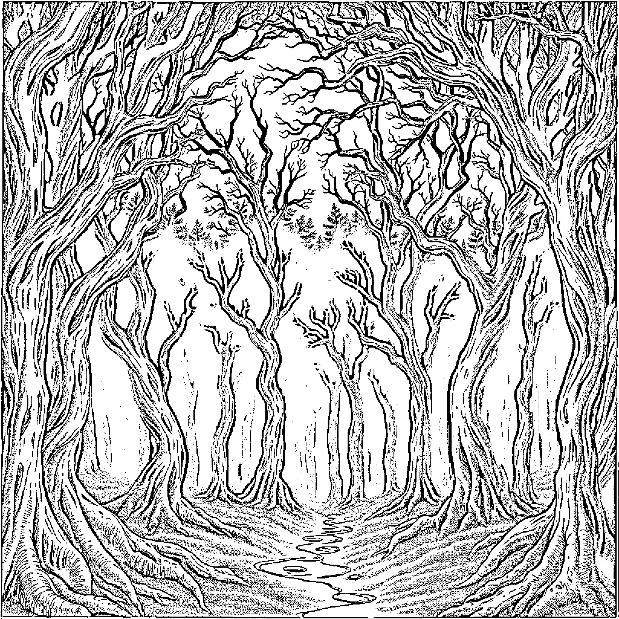 Forest of Twisted, Tangled Trees Coloring Page (free black-and-white line drawing printable PDF for all, from beginners to advanced learners, including children, teens, adults, and seniors)