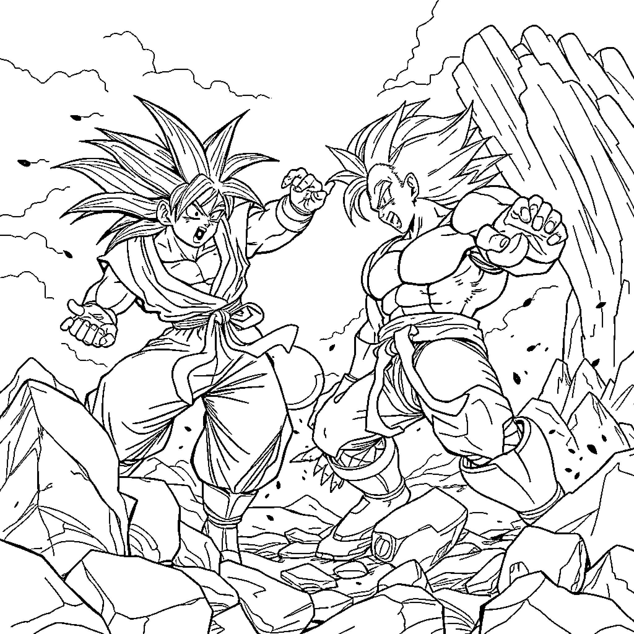 Goku and Vegeta's Intense Battle Coloring Page (free black-and-white line drawing printable PDF for all, from beginners to advanced learners, including children, teens, adults, and seniors)