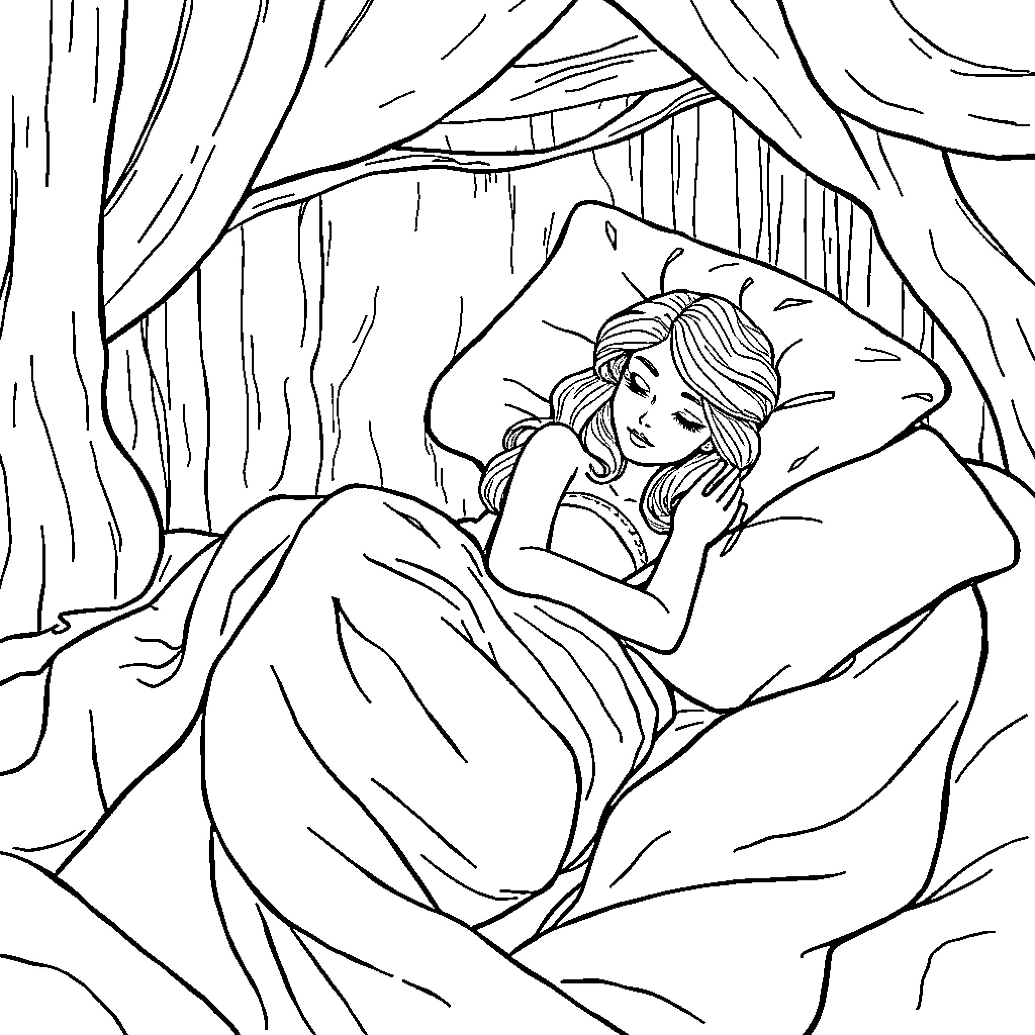 Sleeping Beauty Resting Peacefully in Bed Coloring Page (free black-and-white line drawing printable PDF for all, from beginners to advanced learners, including children, teens, adults, and seniors)