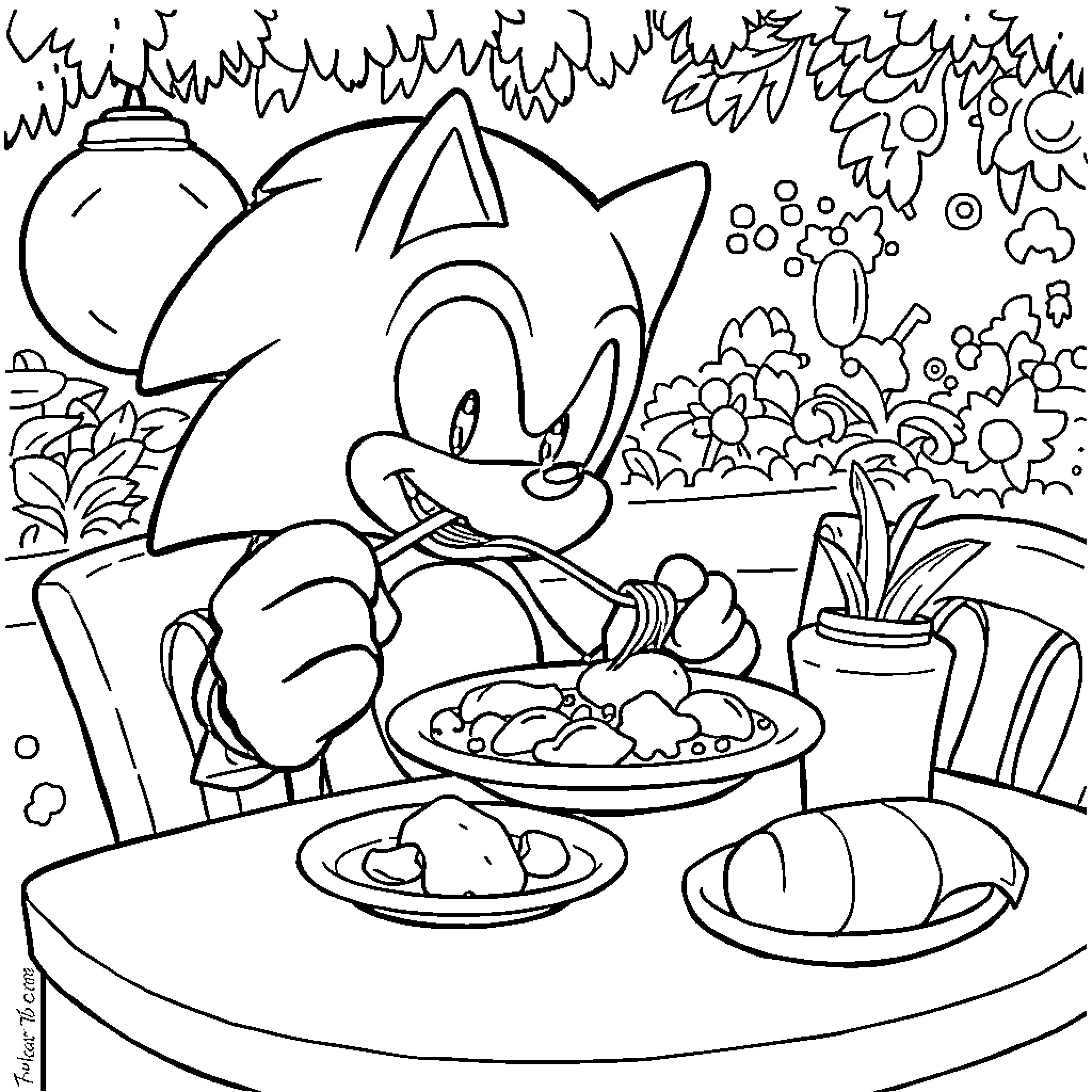 Sonic Enjoying Delicious Meal in Cozy Home Coloring Page (free black-and-white line drawing printable PDF for all, from beginners to advanced learners, including children, teens, adults, and seniors)