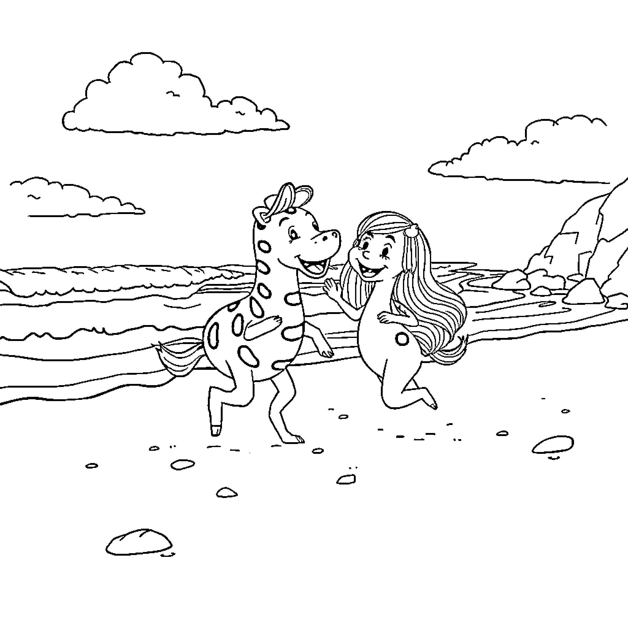 TRA LA LE RO Playful Friends at the Beach Coloring Page (free black-and-white line drawing printable PDF for all, from beginners to advanced learners, including children, teens, adults, and seniors)